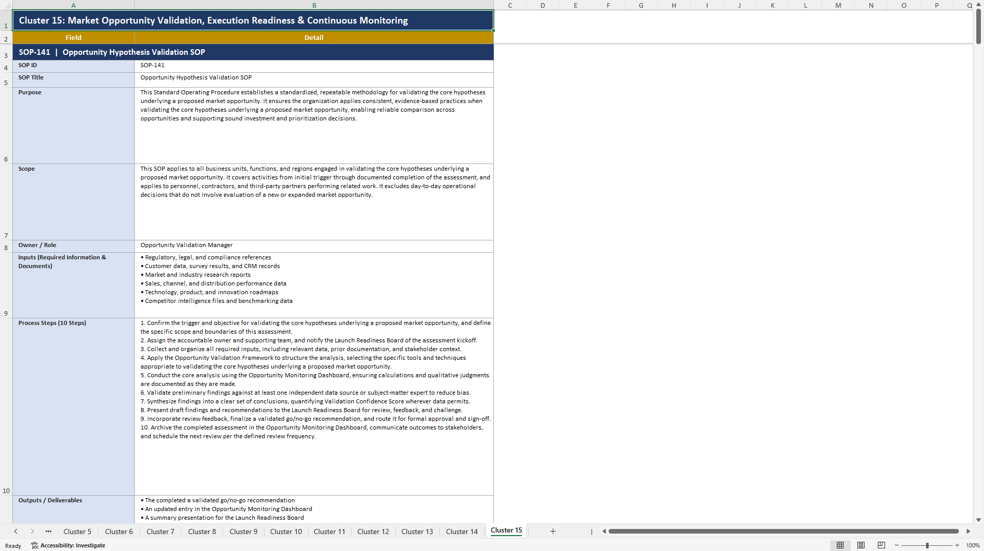 100+ Market Opportunity Assessment SOPs (Excel template (XLSX)) Preview Image