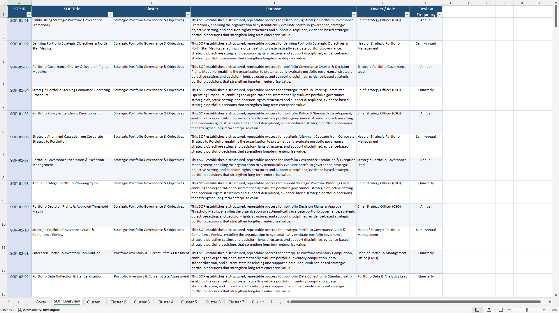100+ Strategic Portfolio Assessment SOPs (Excel template (XLSX)) Preview Image