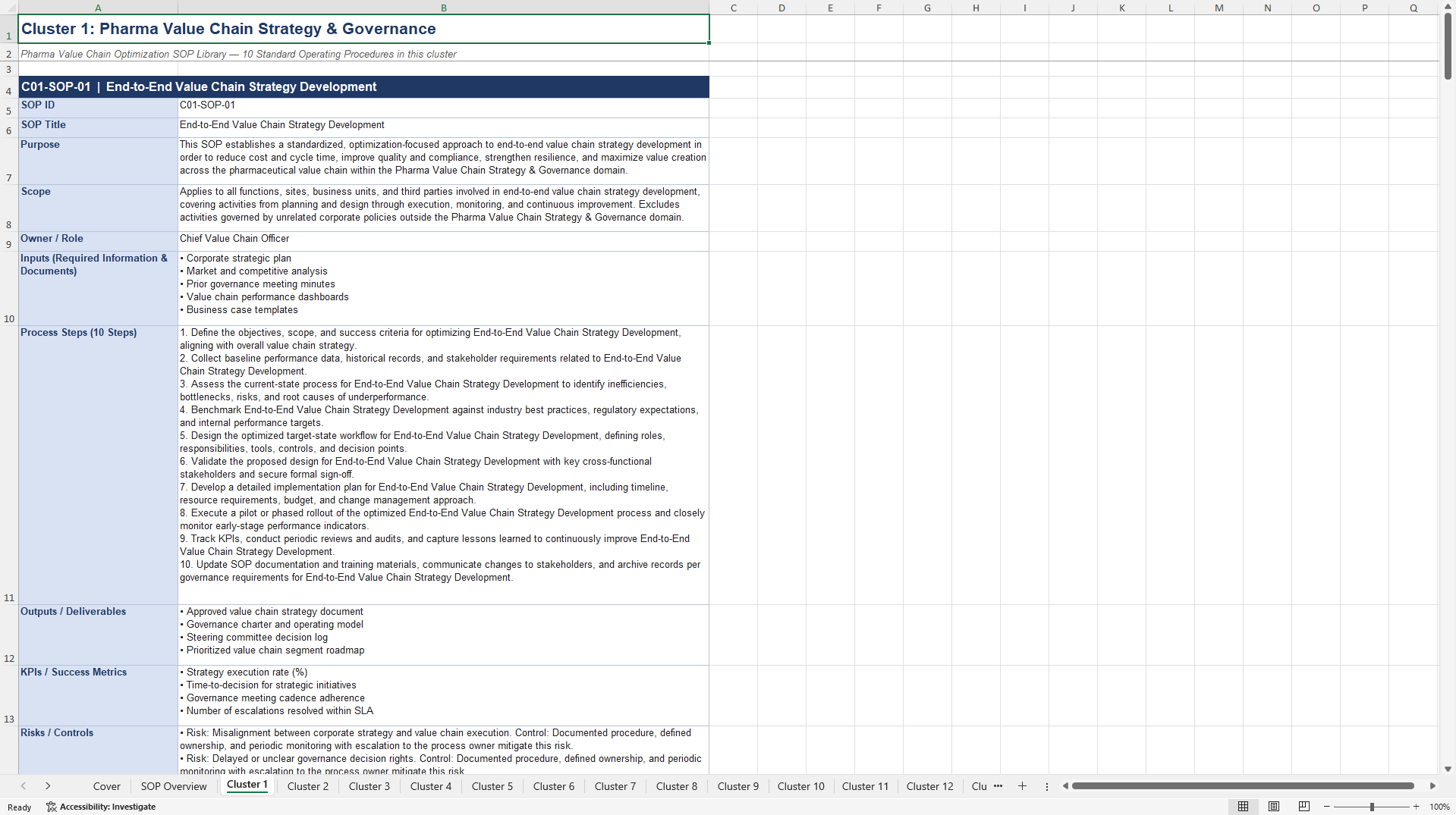 100+ Pharma Value Chain Optimization SOPs (Excel template (XLSX)) Preview Image