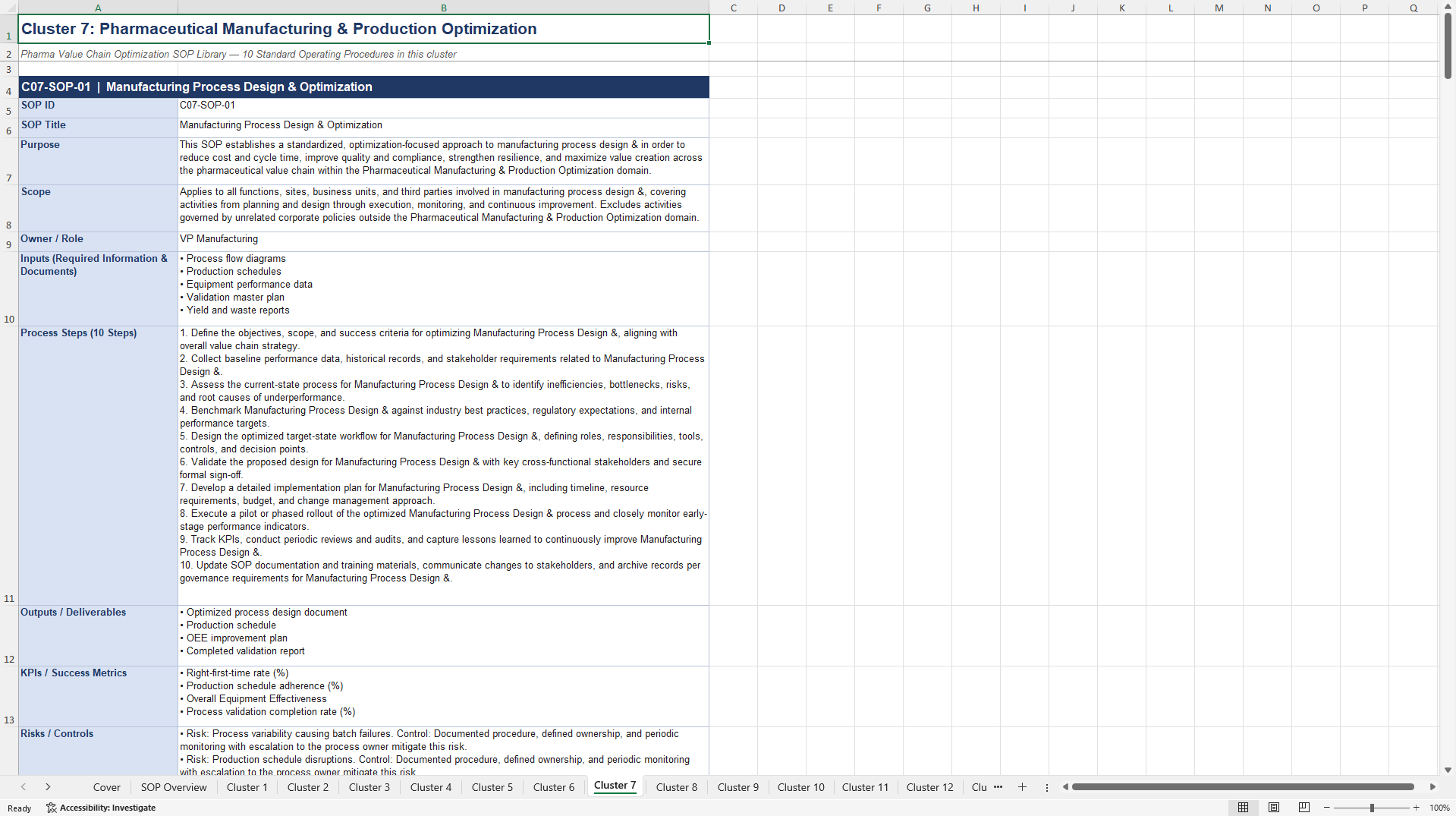 100+ Pharma Value Chain Optimization SOPs (Excel template (XLSX)) Preview Image