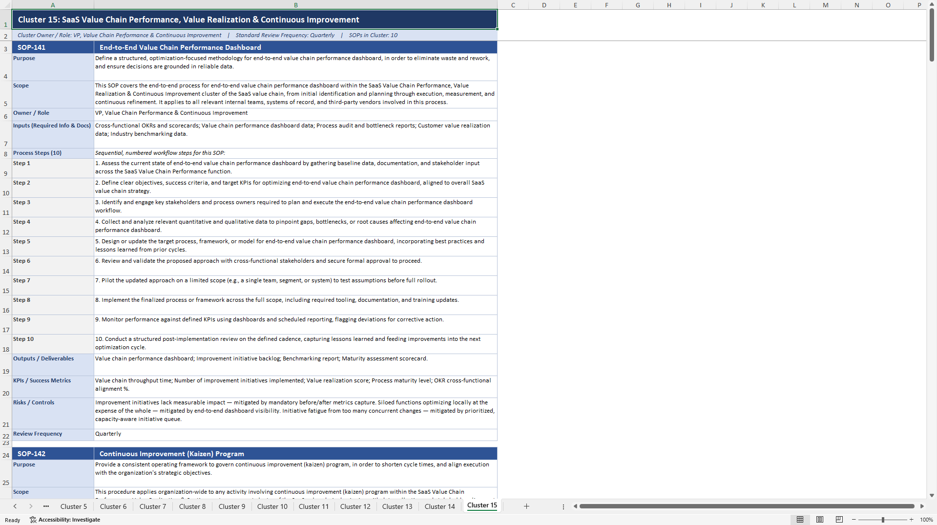 100+ SaaS Value Chain Optimization SOPs (Excel template (XLSX)) Preview Image
