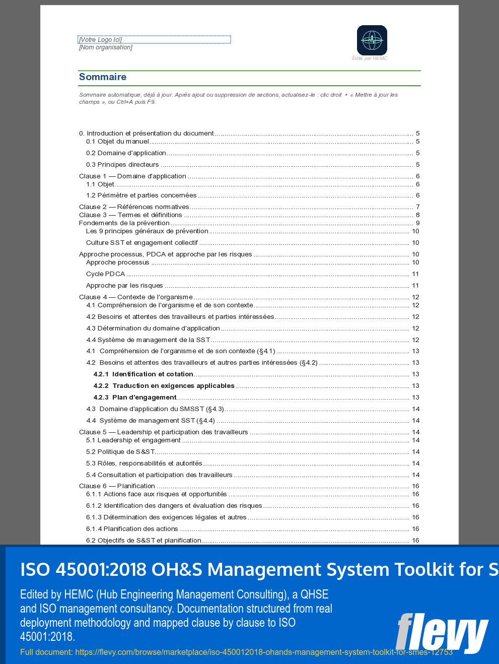 ISO 45001:2018 OH&S Management System Toolkit for SMEs (23-page Word document) Preview Image