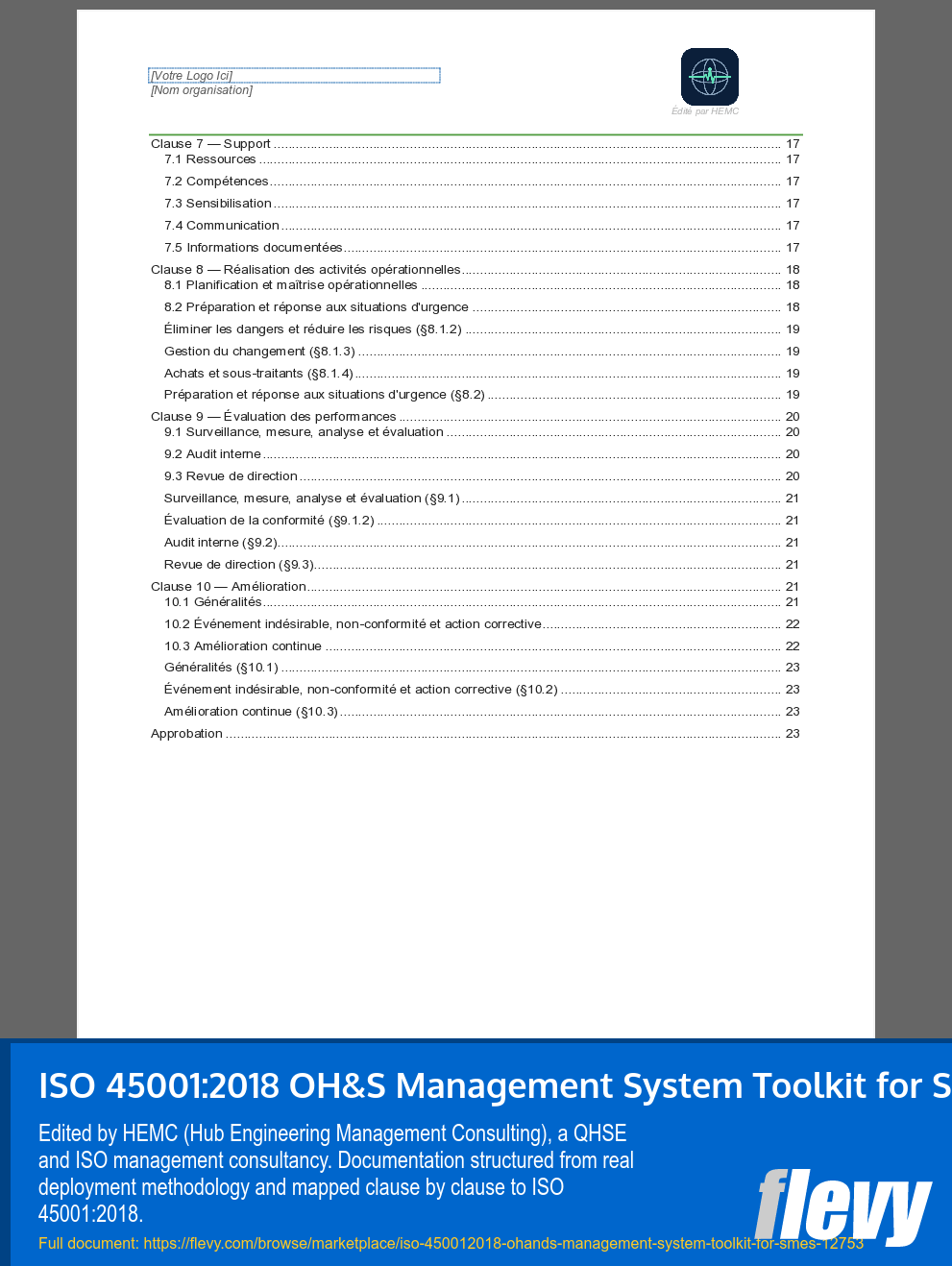 ISO 45001:2018 OH&S Management System Toolkit for SMEs (23-page Word document) Preview Image
