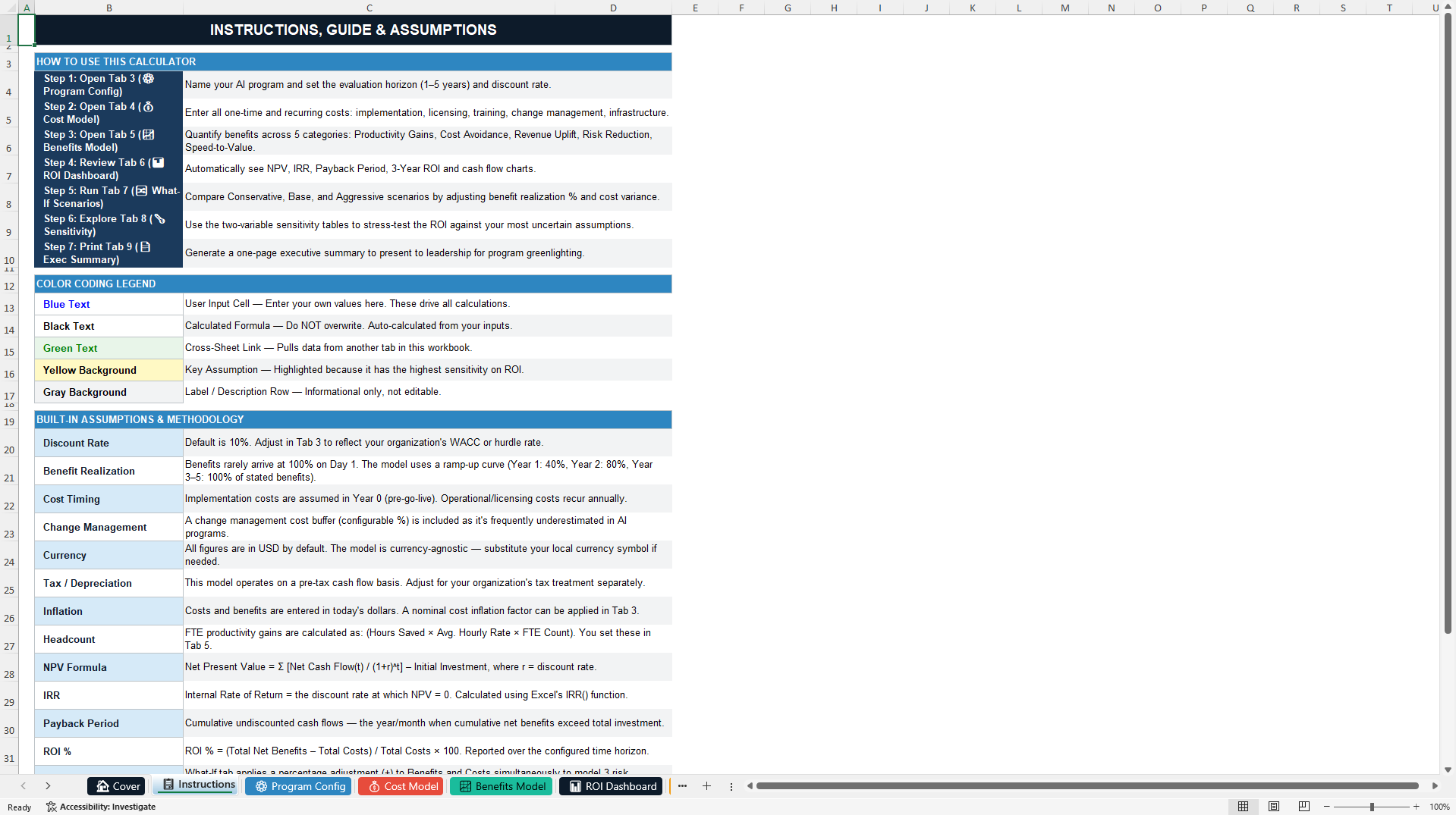 AI Investment ROI Model - NPV, IRR, Payback & BCR Calculator (Excel template (XLSX)) Preview Image