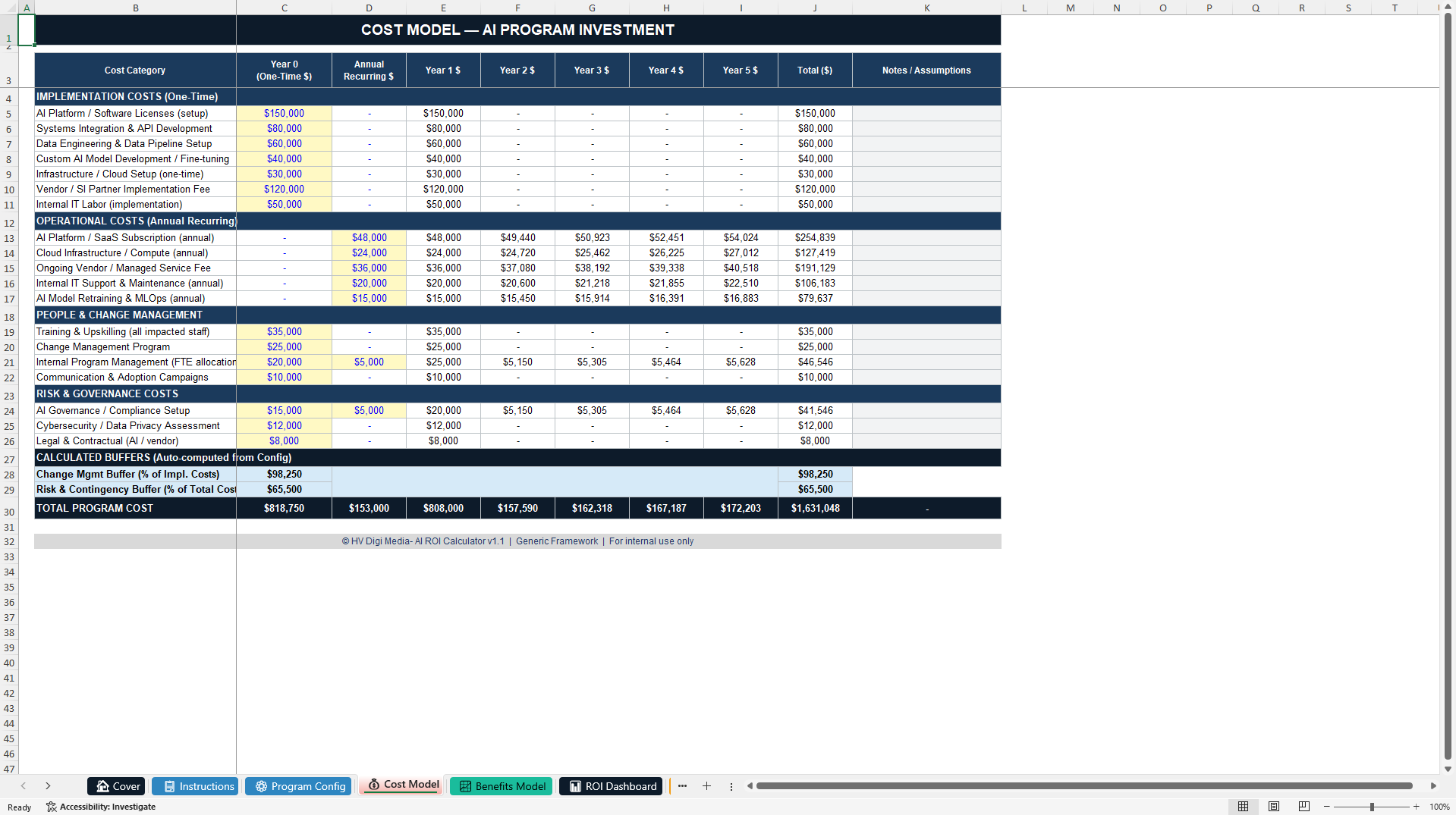 AI Investment ROI Model - NPV, IRR, Payback & BCR Calculator (Excel template (XLSX)) Preview Image