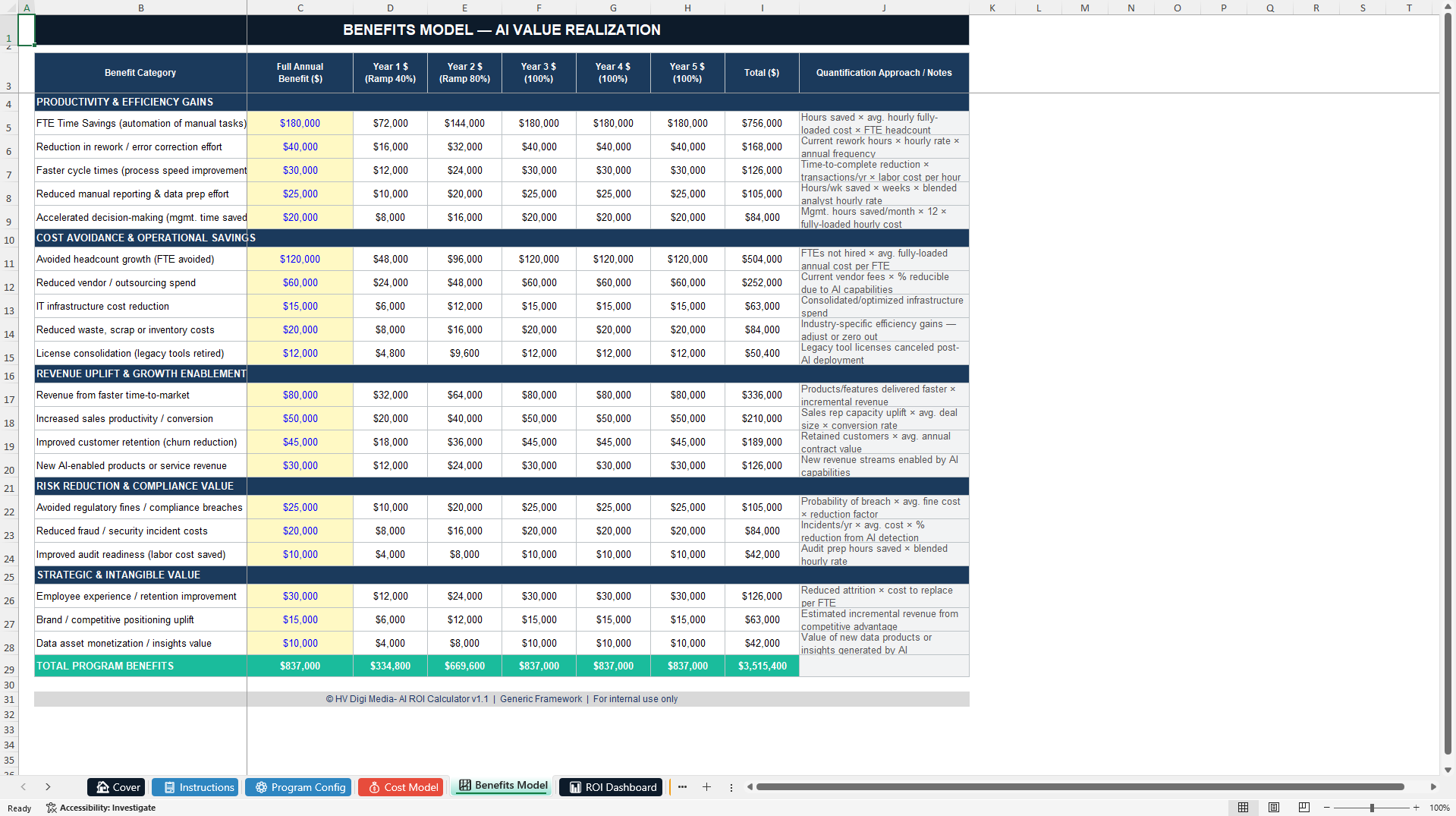 AI Investment ROI Model - NPV, IRR, Payback & BCR Calculator (Excel template (XLSX)) Preview Image