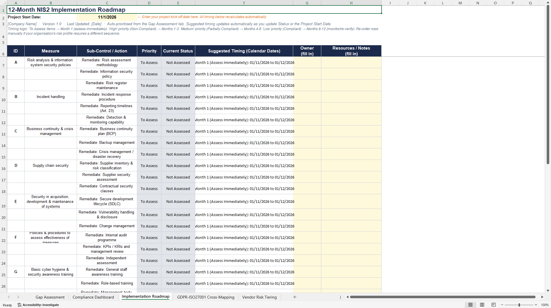 NIS2 Directive (EU 2022/2555) Compliance Toolkit (Excel template (XLSX)) Preview Image