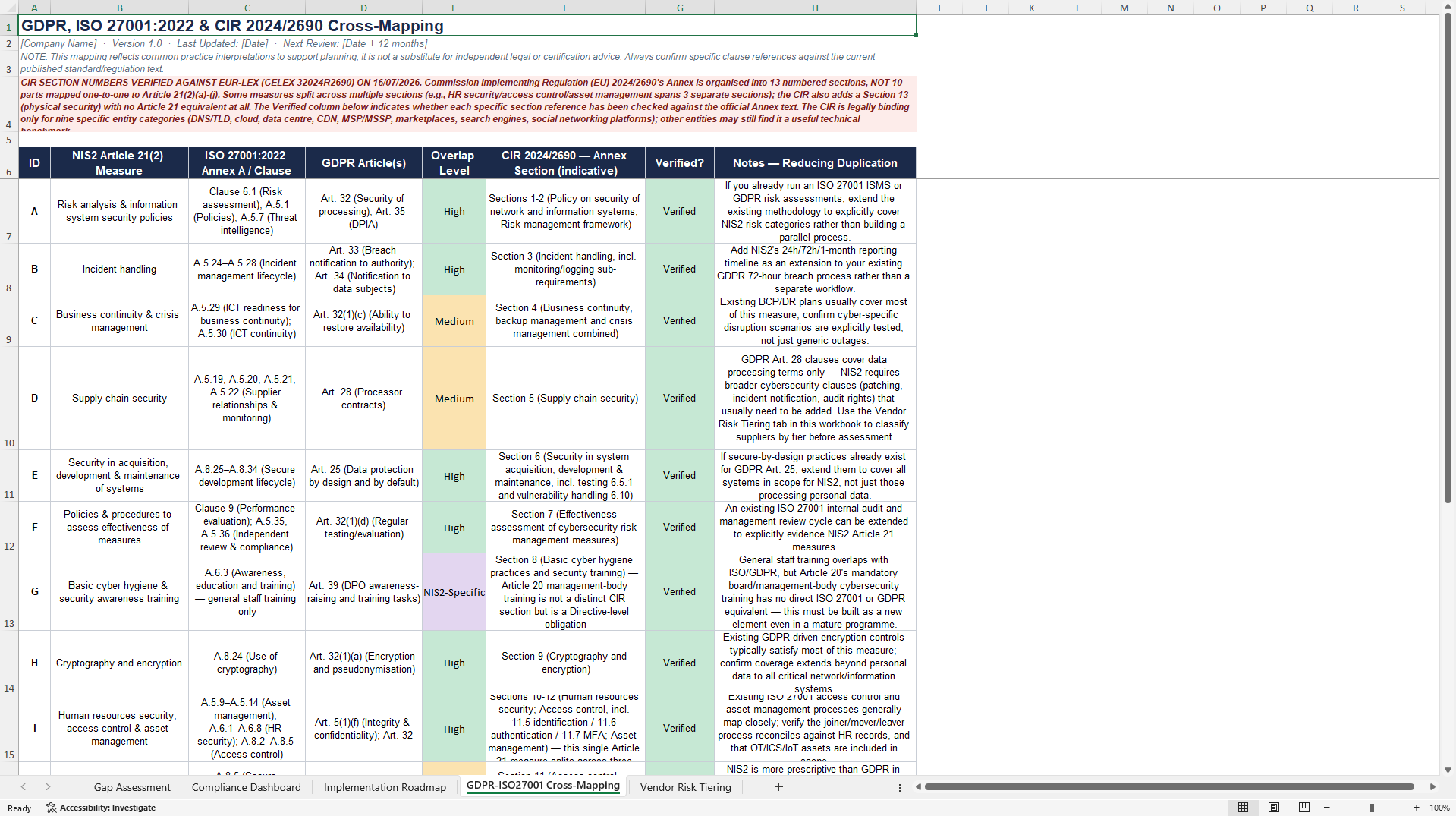 NIS2 Directive (EU 2022/2555) Compliance Toolkit (Excel template (XLSX)) Preview Image