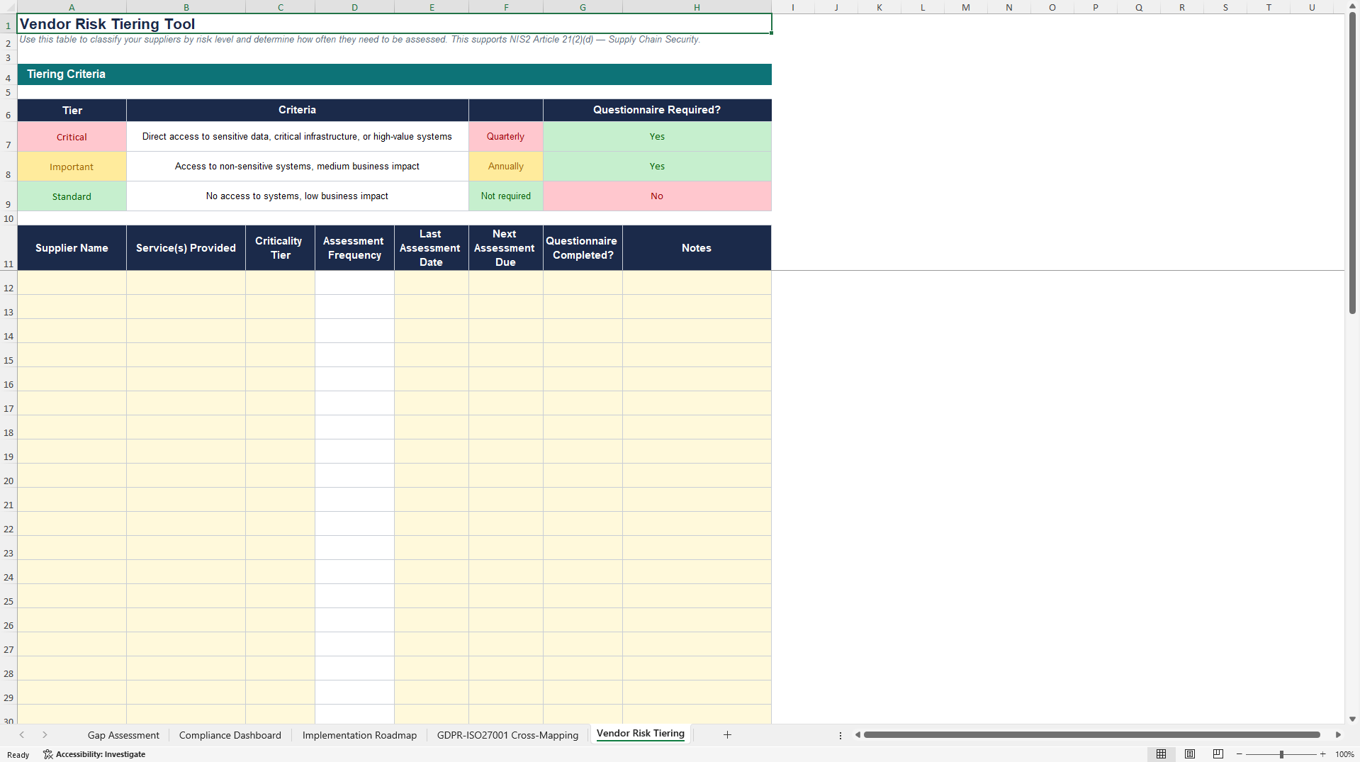 NIS2 Directive (EU 2022/2555) Compliance Toolkit (Excel template (XLSX)) Preview Image