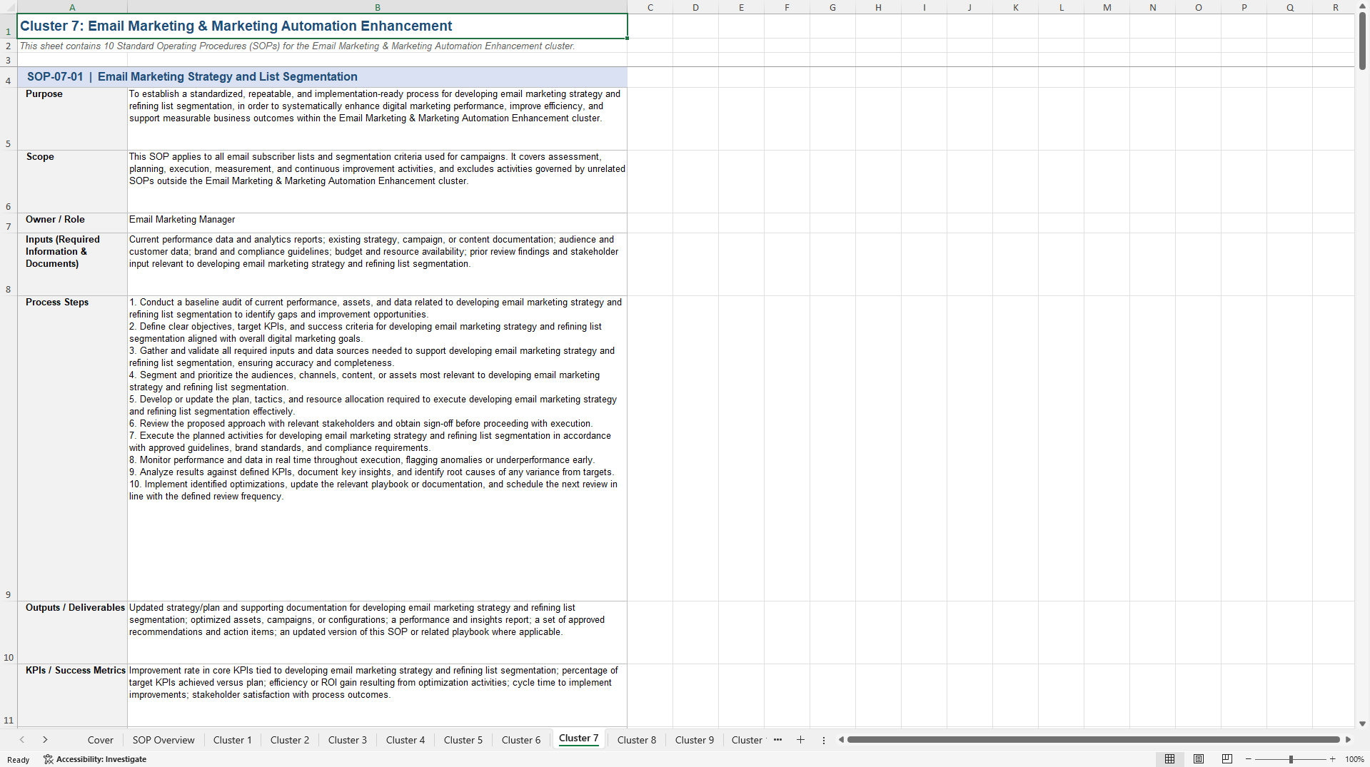 100+ Digital Marketing Enhancement SOPs (Excel template (XLSX)) Preview Image