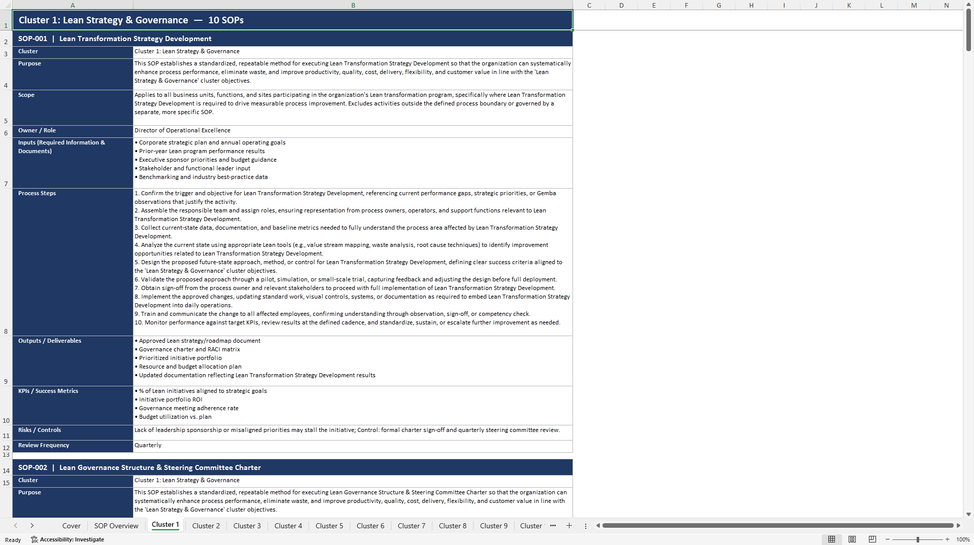 100+ Lean Process Enhancement SOPs (Excel template (XLSX)) Preview Image