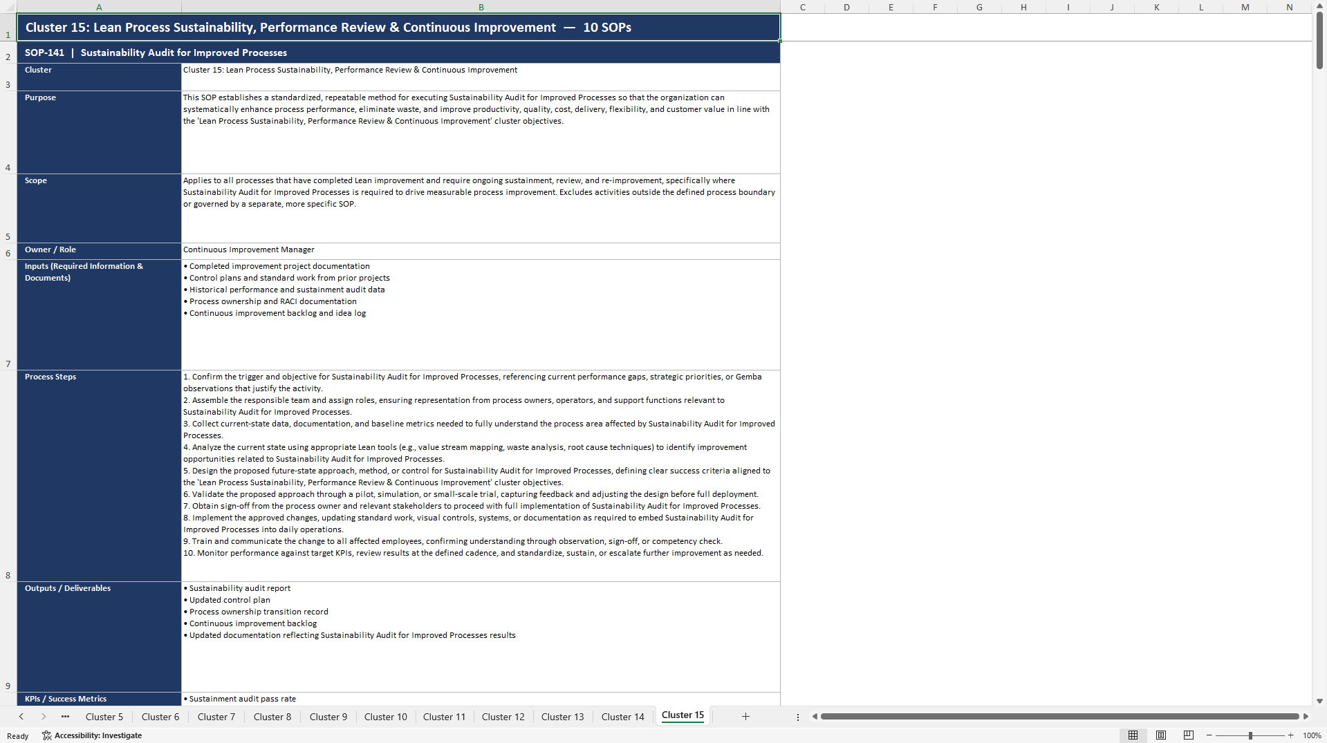 100+ Lean Process Enhancement SOPs (Excel template (XLSX)) Preview Image