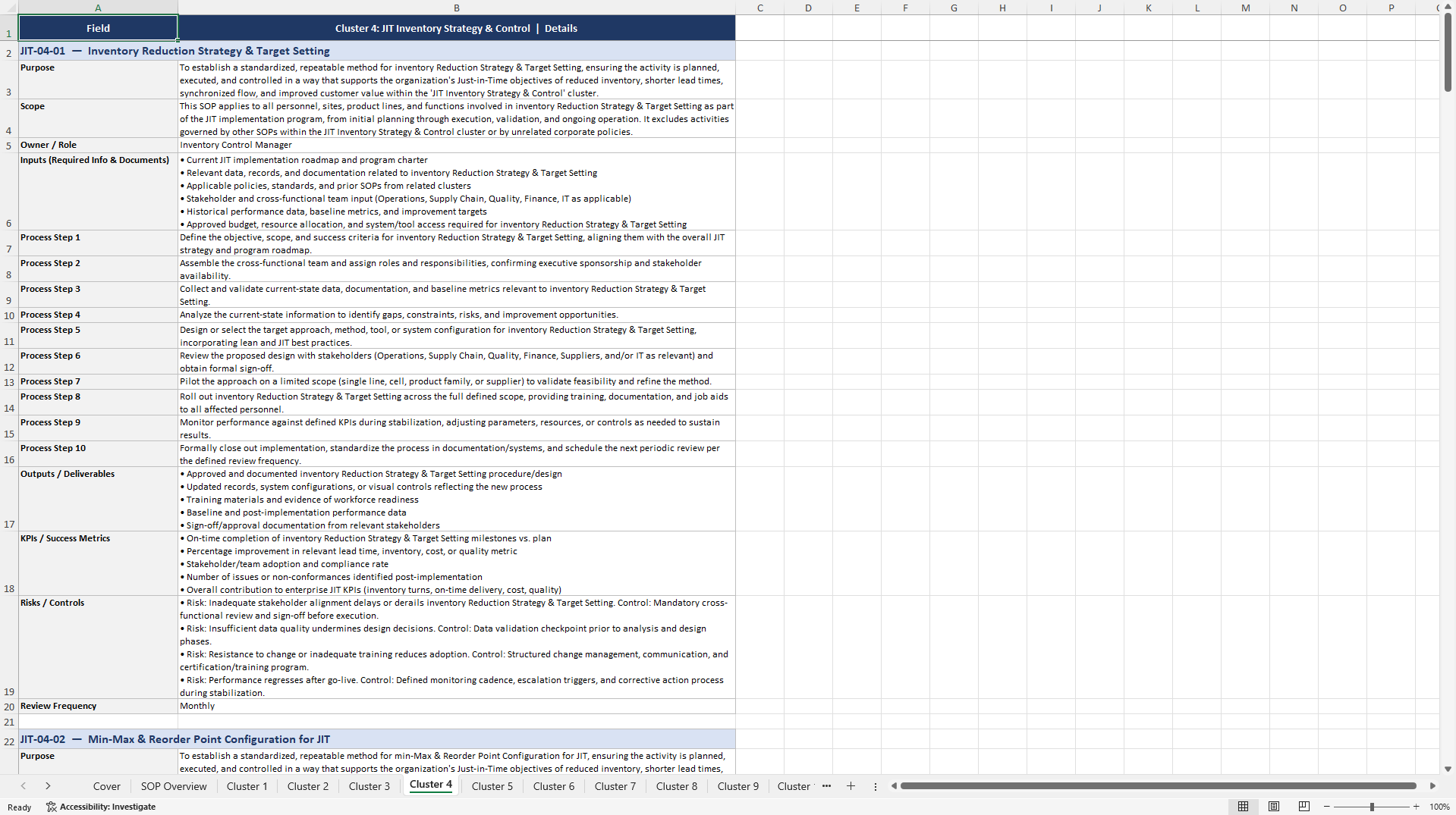 100+ Just-in-Time (JIT) Implementation SOPs (Excel template (XLSX)) Preview Image