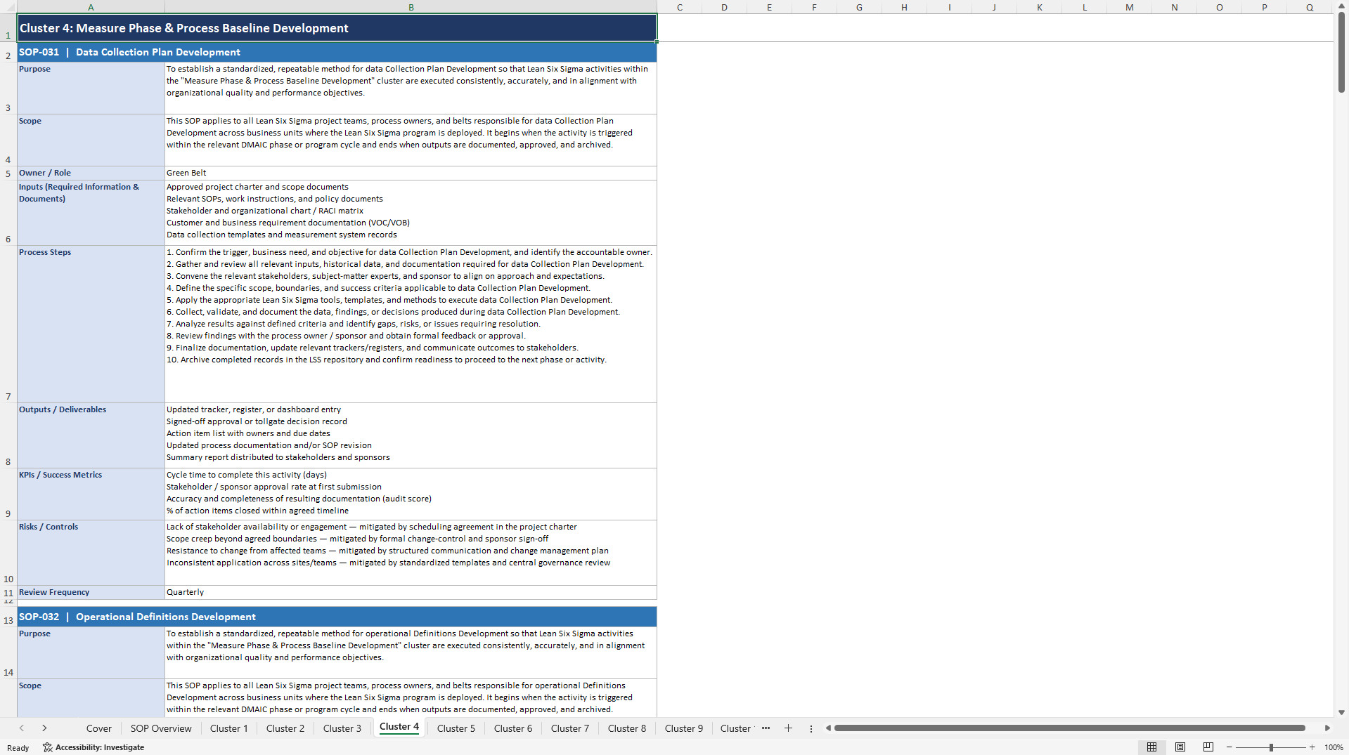 100+ Lean Six Sigma Implementation SOPs (Excel template (XLSX)) Preview Image