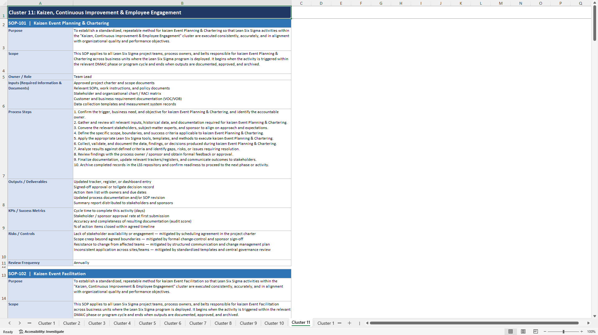 100+ Lean Six Sigma Implementation SOPs (Excel template (XLSX)) Preview Image
