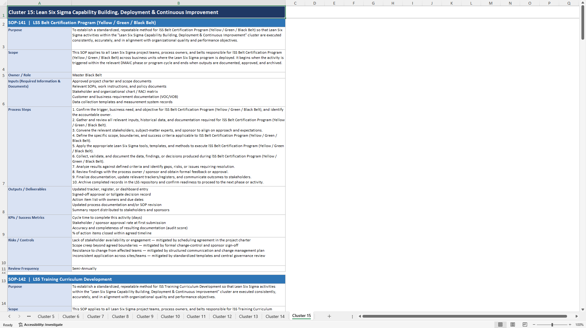 100+ Lean Six Sigma Implementation SOPs (Excel template (XLSX)) Preview Image