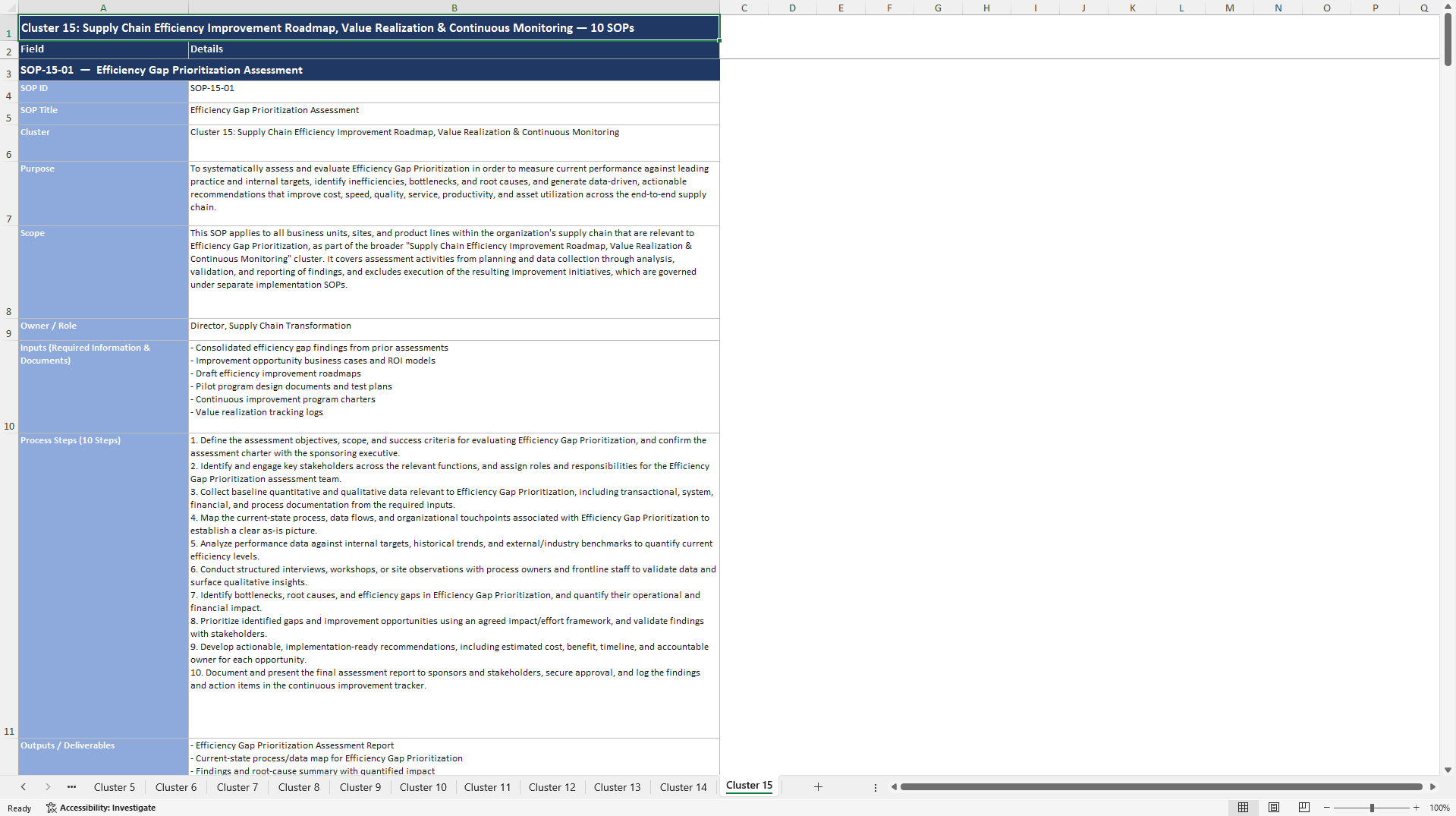 100+ Supply Chain Efficiency Assessment SOPs (Excel template (XLSX)) Preview Image