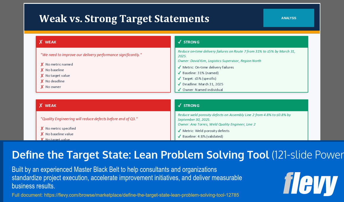Define the Target State: Lean Problem Solving Tool (121-slide PPT PowerPoint presentation template (PPTX)) Preview Image