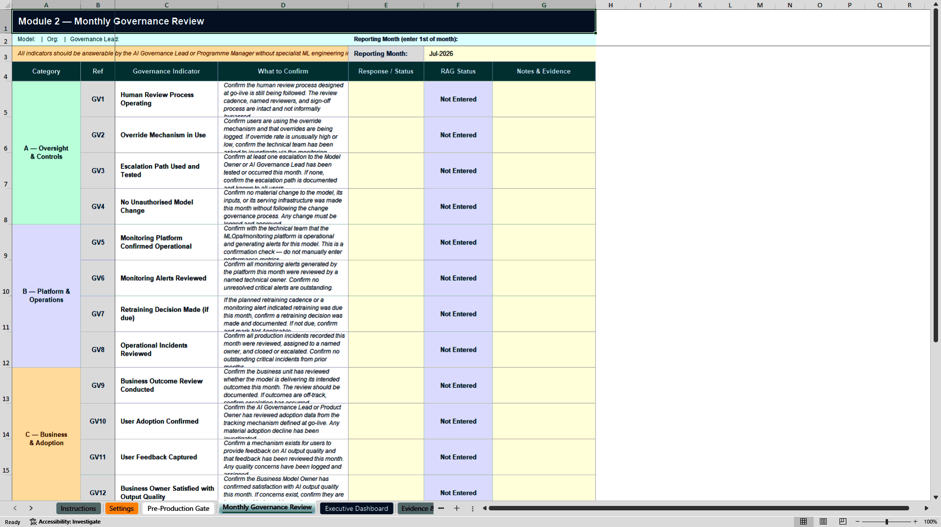 AI Production Governance Toolkit (Excel template (XLSX)) Preview Image