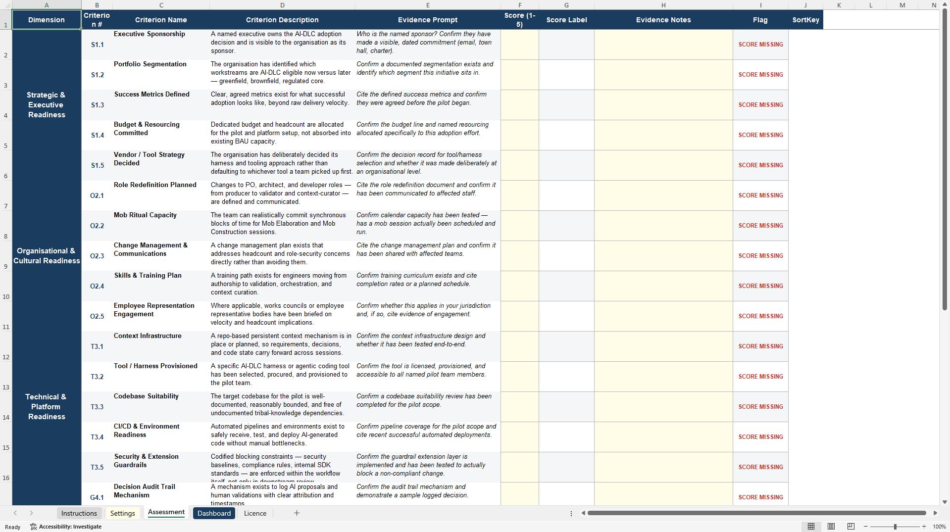 AI-DLC Adoption Readiness Assessment (Excel template (XLSX)) Preview Image