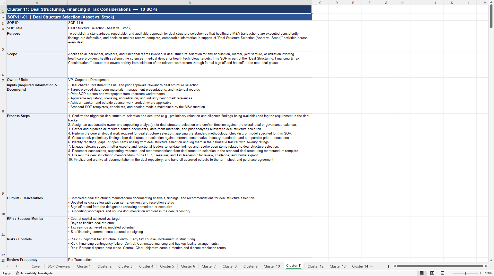 100+ Healthcare M&A SOPs (Excel template (XLSX)) Preview Image