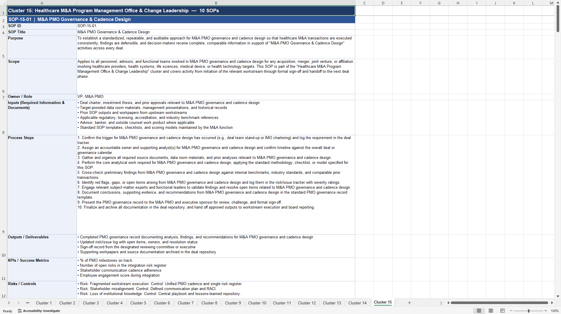 100+ Healthcare M&A SOPs (Excel template (XLSX)) Preview Image