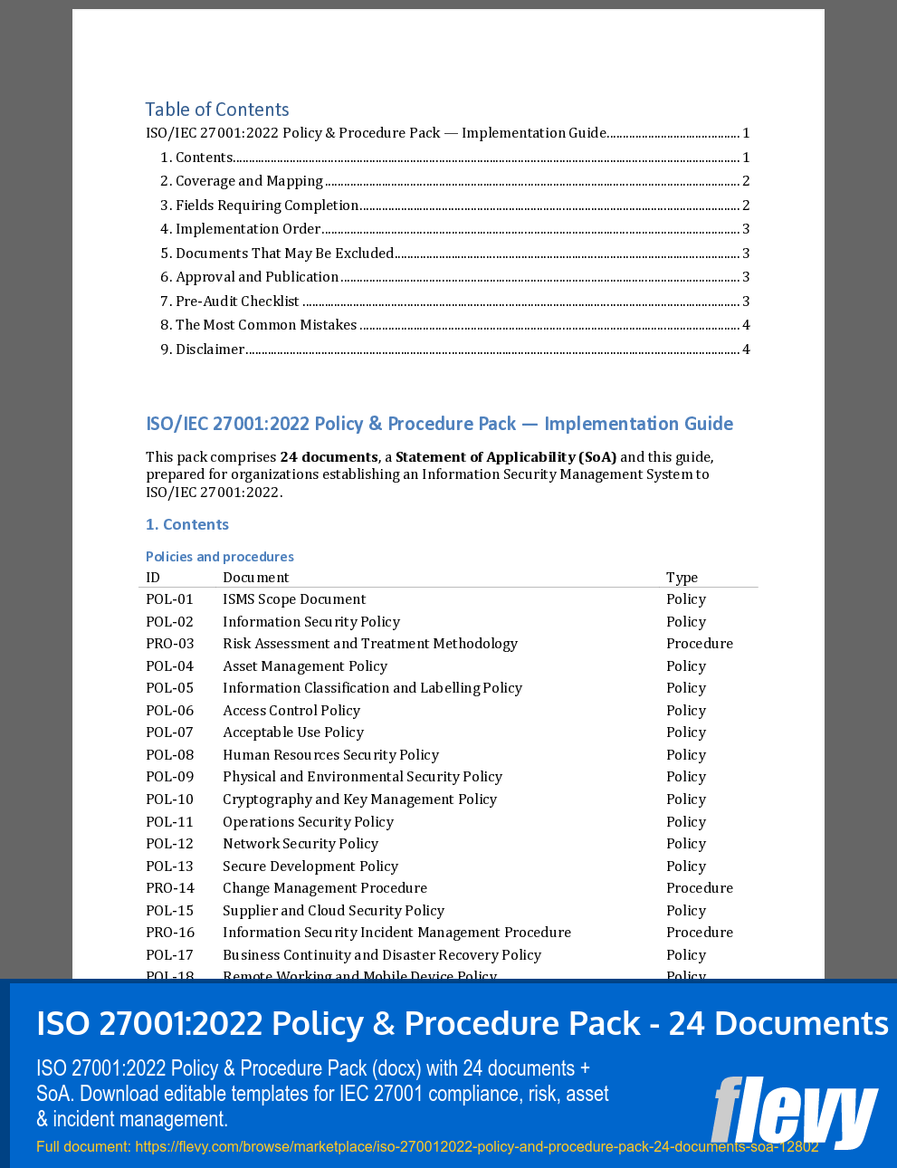 ISO 27001:2022 Policy & Procedure Pack - 24 Documents + SoA (4-page Word document) Preview Image