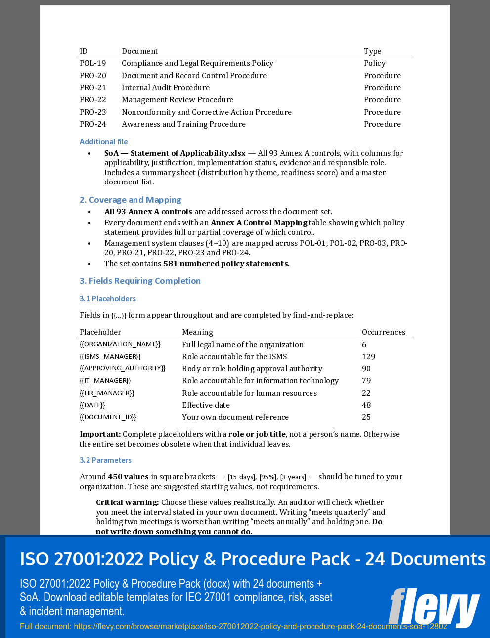 ISO 27001:2022 Policy & Procedure Pack - 24 Documents + SoA (4-page Word document) Preview Image