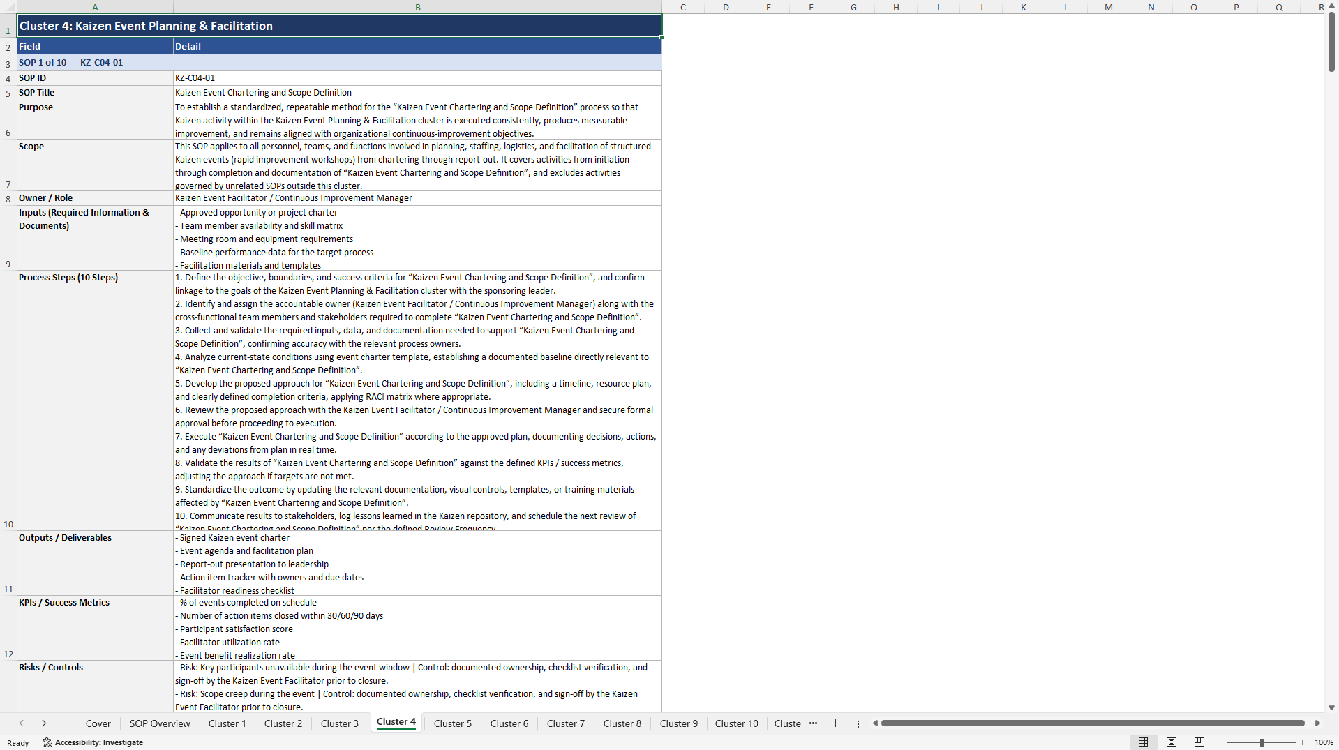 100+ Kaizen Implementation SOPs (Excel template (XLSX)) Preview Image