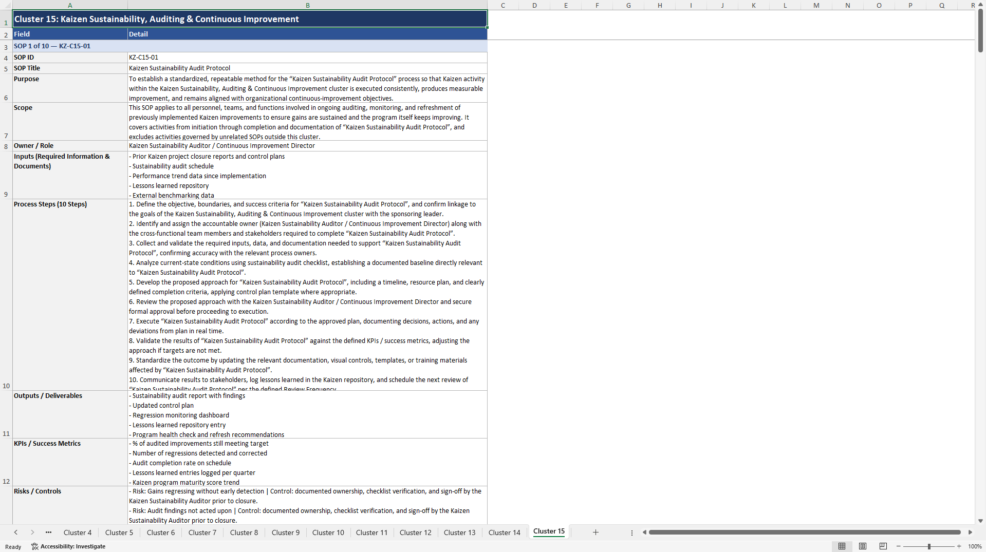 100+ Kaizen Implementation SOPs (Excel template (XLSX)) Preview Image
