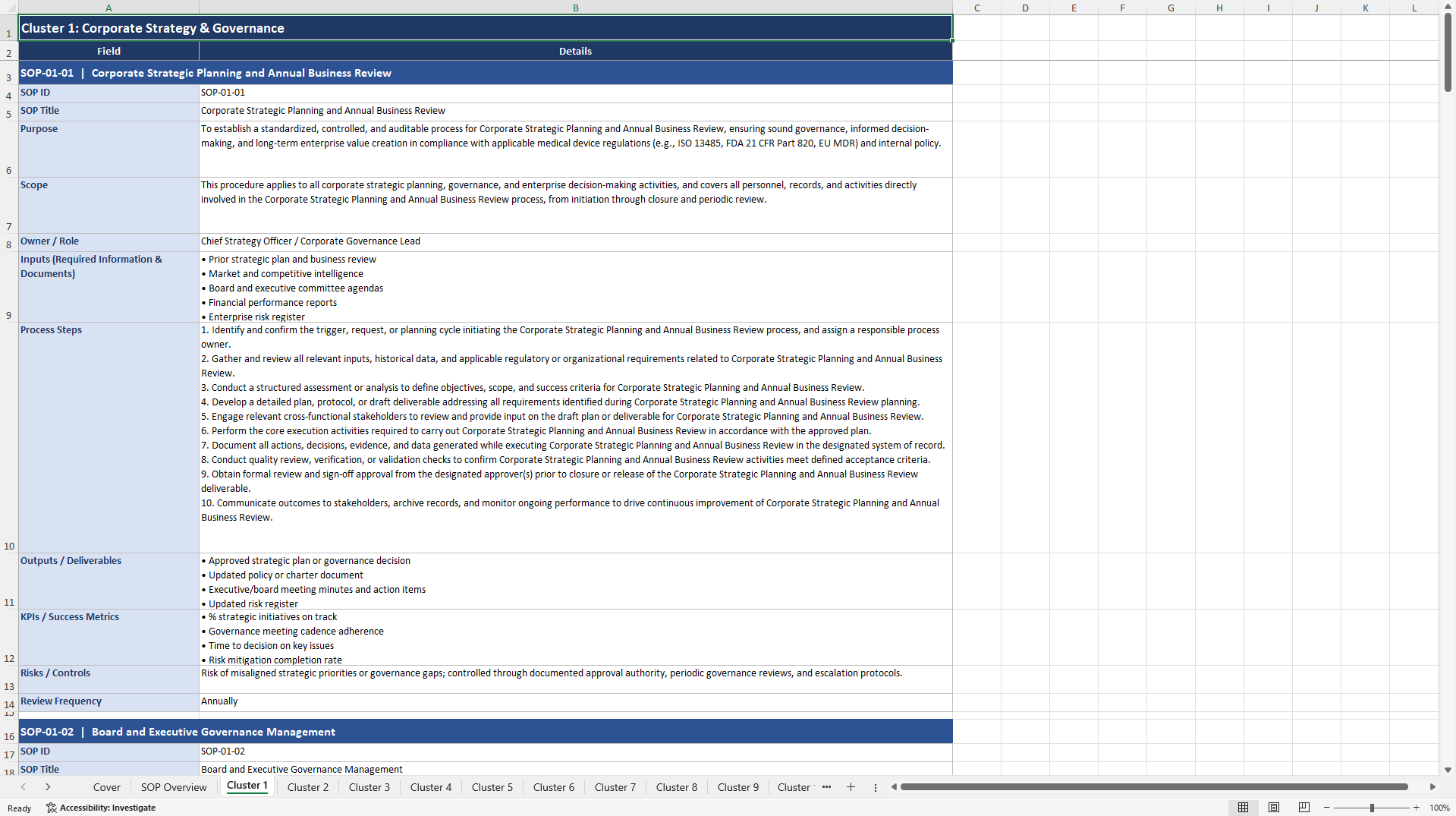 100+ Medical Device Company SOPs (Excel template (XLSX)) Preview Image