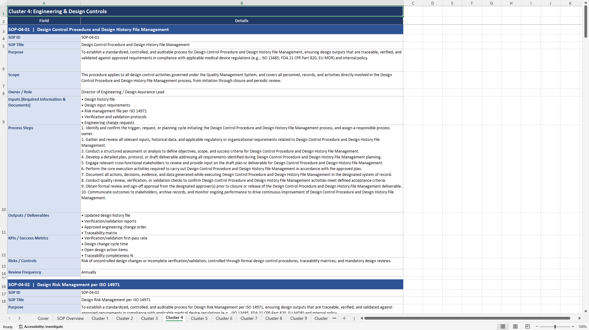 100+ Medical Device Company SOPs (Excel template (XLSX)) Preview Image