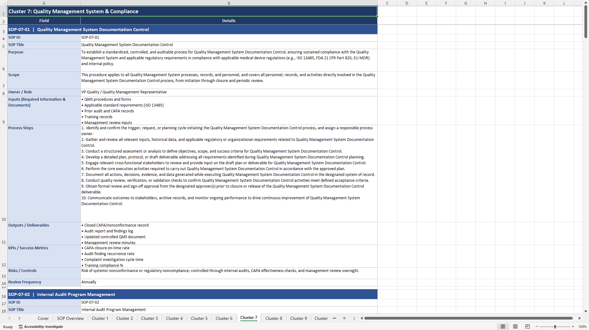 100+ Medical Device Company SOPs (Excel template (XLSX)) Preview Image