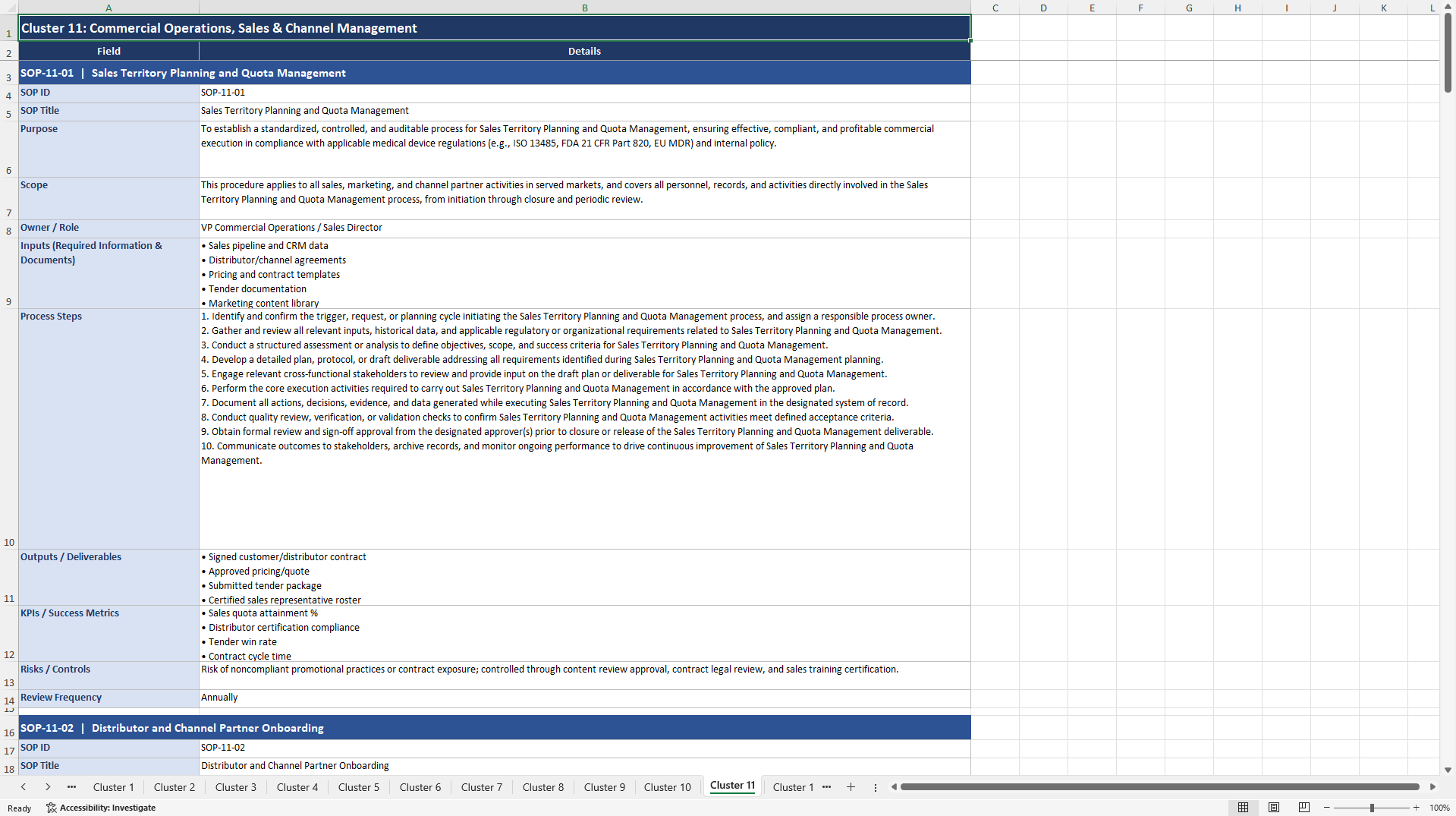 100+ Medical Device Company SOPs (Excel template (XLSX)) Preview Image