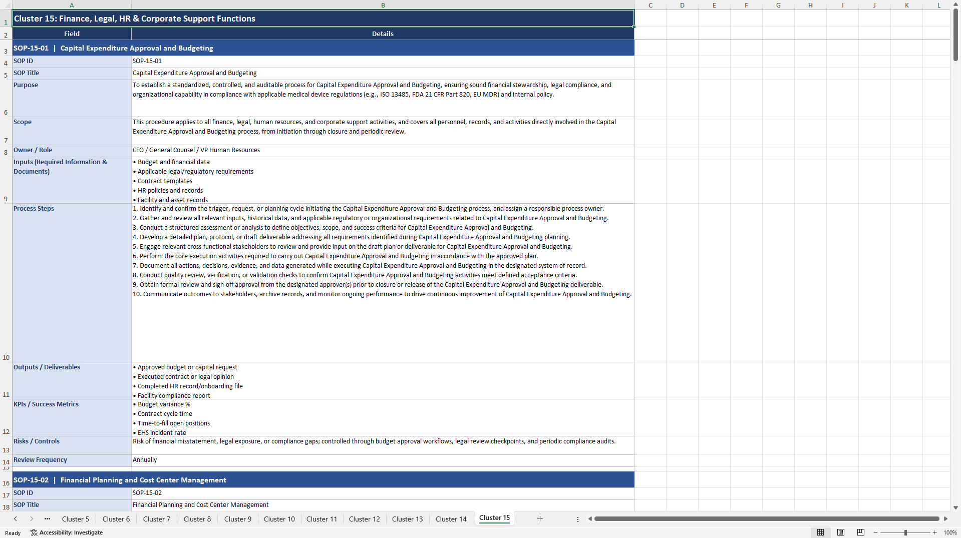 100+ Medical Device Company SOPs (Excel template (XLSX)) Preview Image