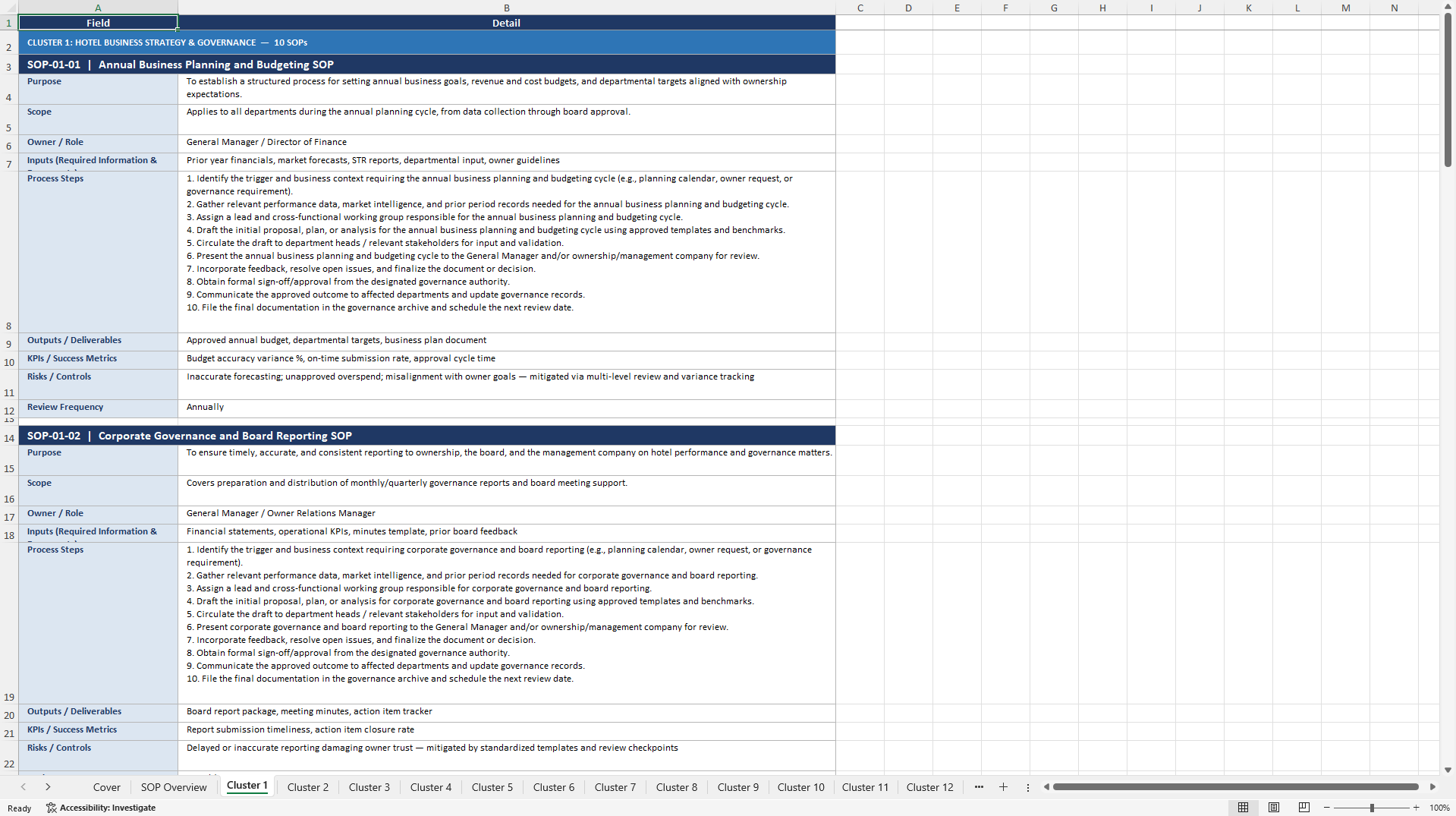 100+ Hotel Business SOPs (Excel template (XLSX)) Preview Image