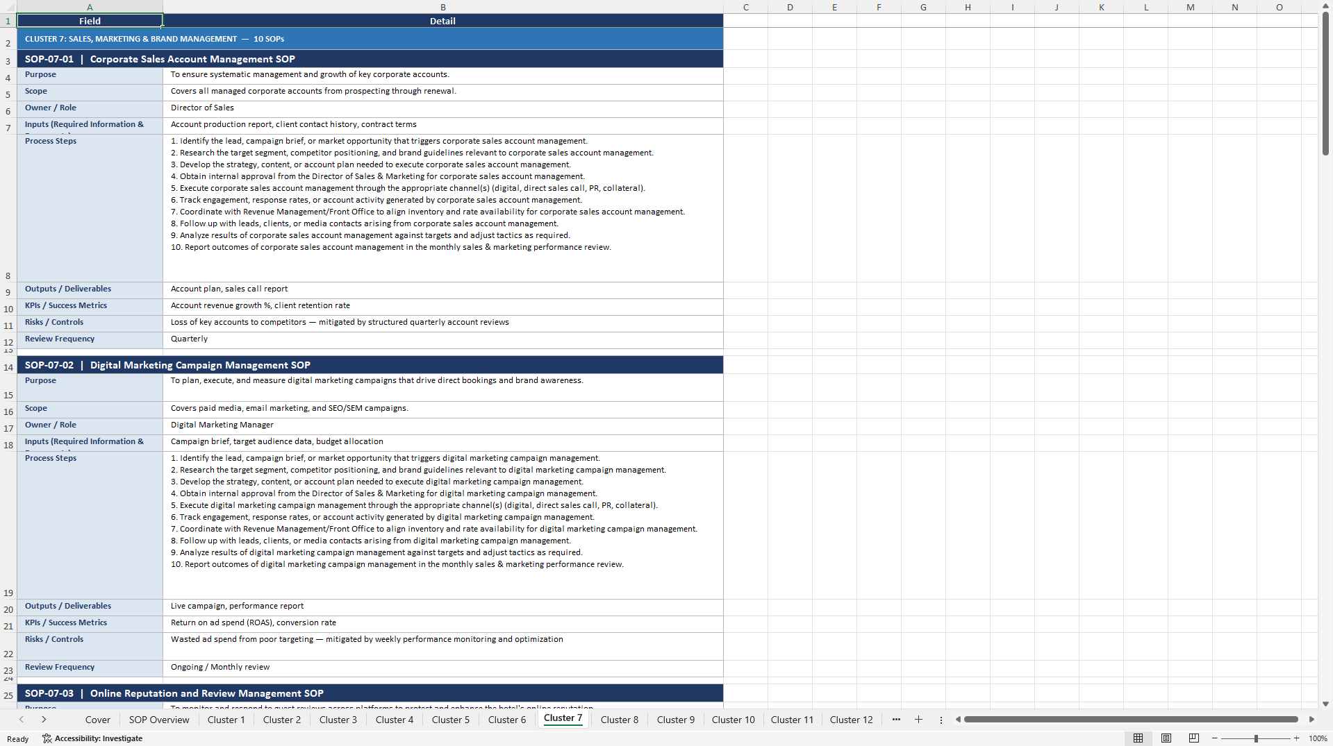 100+ Hotel Business SOPs (Excel template (XLSX)) Preview Image