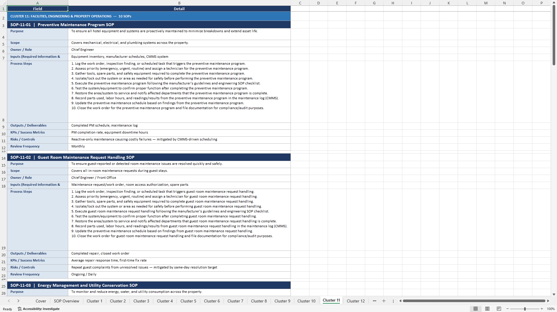 100+ Hotel Business SOPs (Excel template (XLSX)) Preview Image