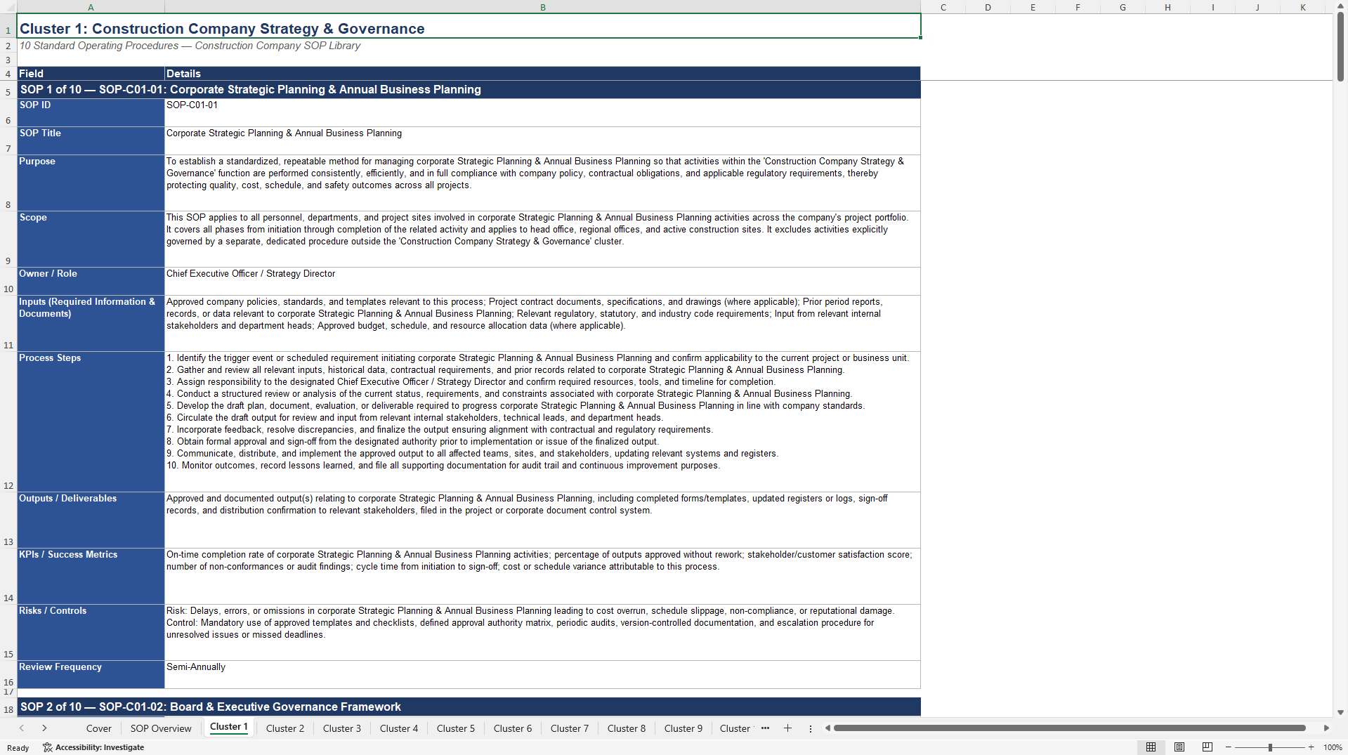 100+ Construction Company SOPs (Excel template (XLSX)) Preview Image