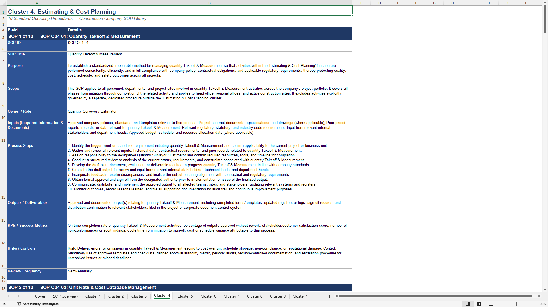 100+ Construction Company SOPs (Excel template (XLSX)) Preview Image