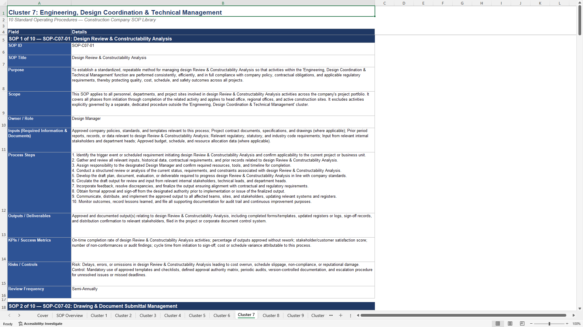 100+ Construction Company SOPs (Excel template (XLSX)) Preview Image
