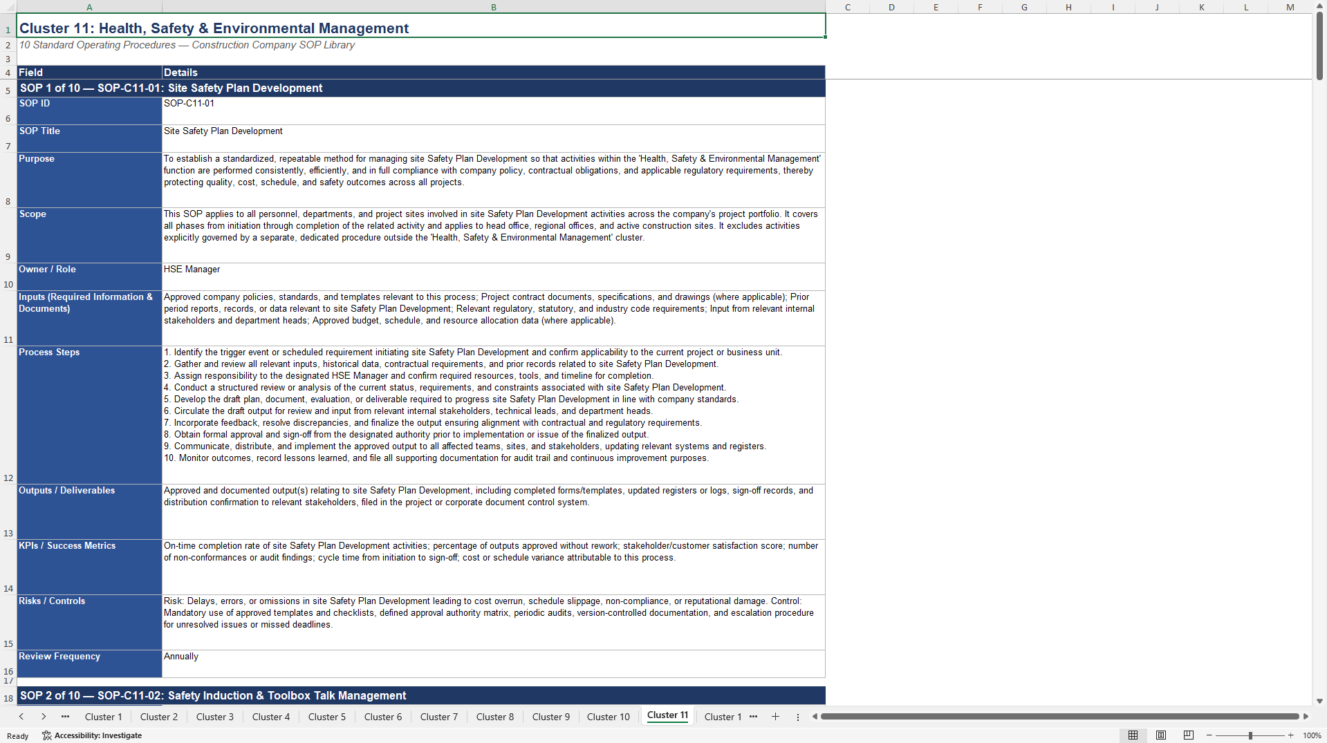 100+ Construction Company SOPs (Excel template (XLSX)) Preview Image