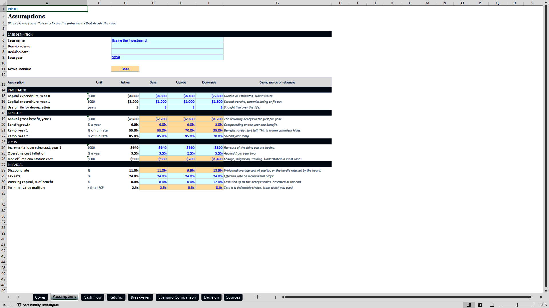 Business Case Builder: NPV, IRR, Payback and Break-even (Excel template (XLSX)) Preview Image