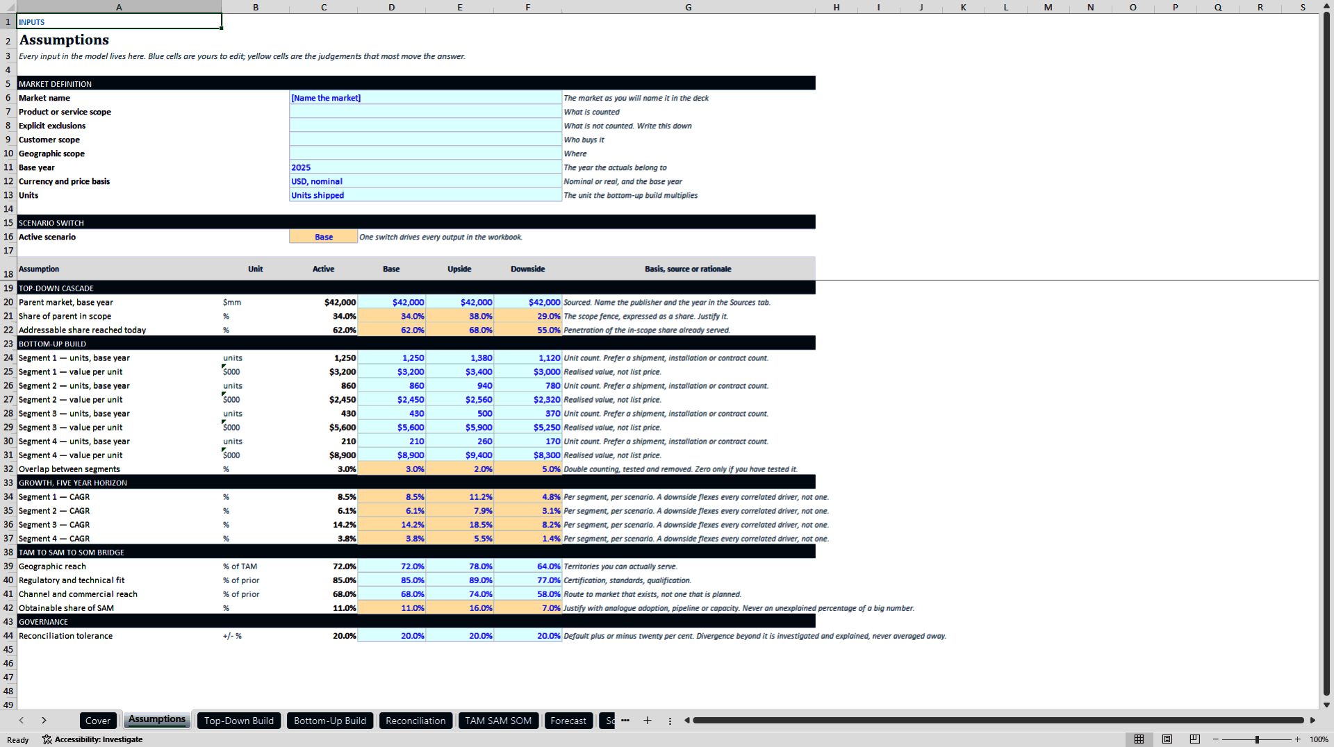 Market Sizing Model: TAM, SAM, SOM with Top-Down and Bottom- (Excel template (XLSX)) Preview Image