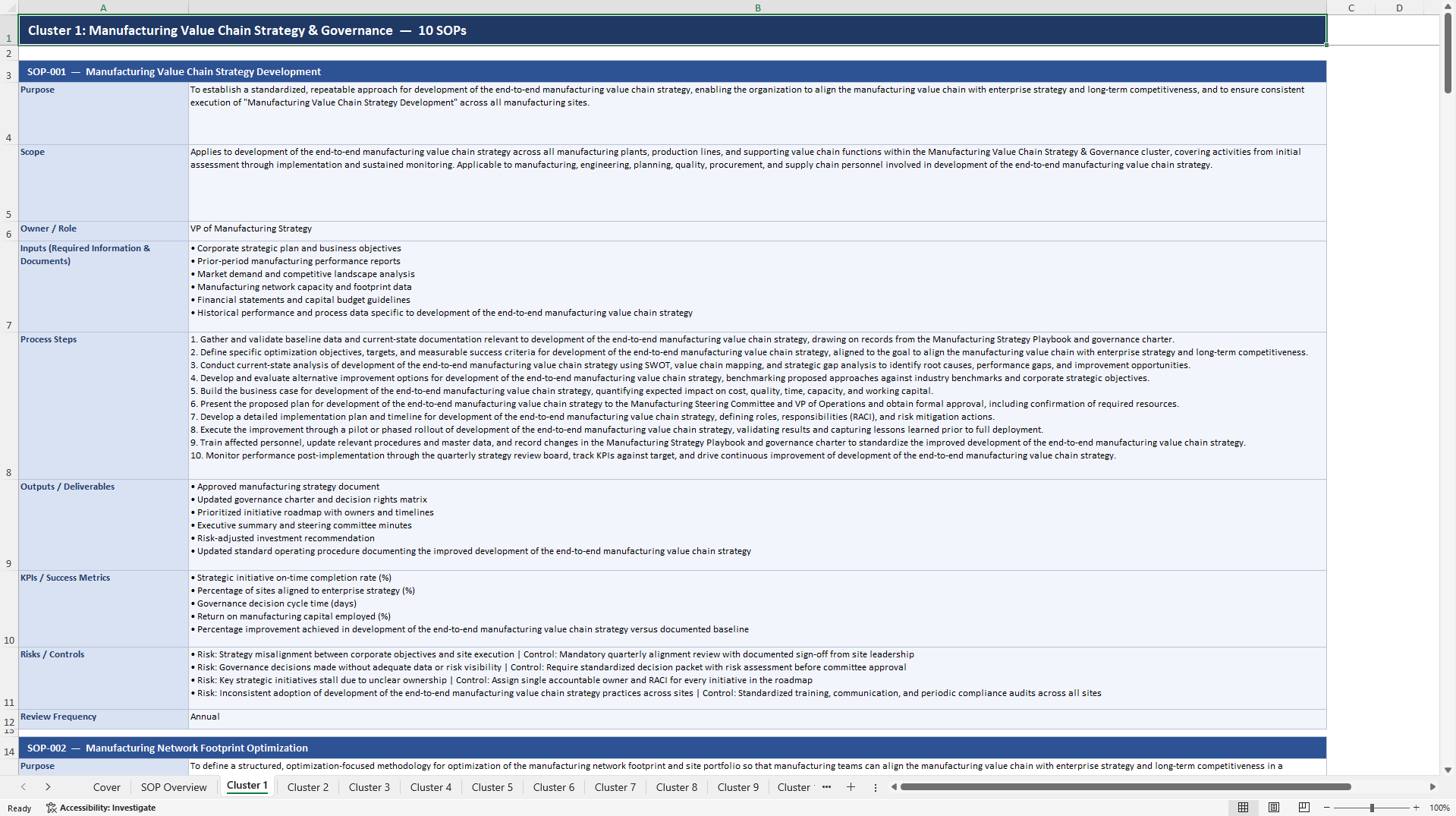 100+ Manufacturing Value Chain Optimization SOPs (Excel template (XLSX)) Preview Image