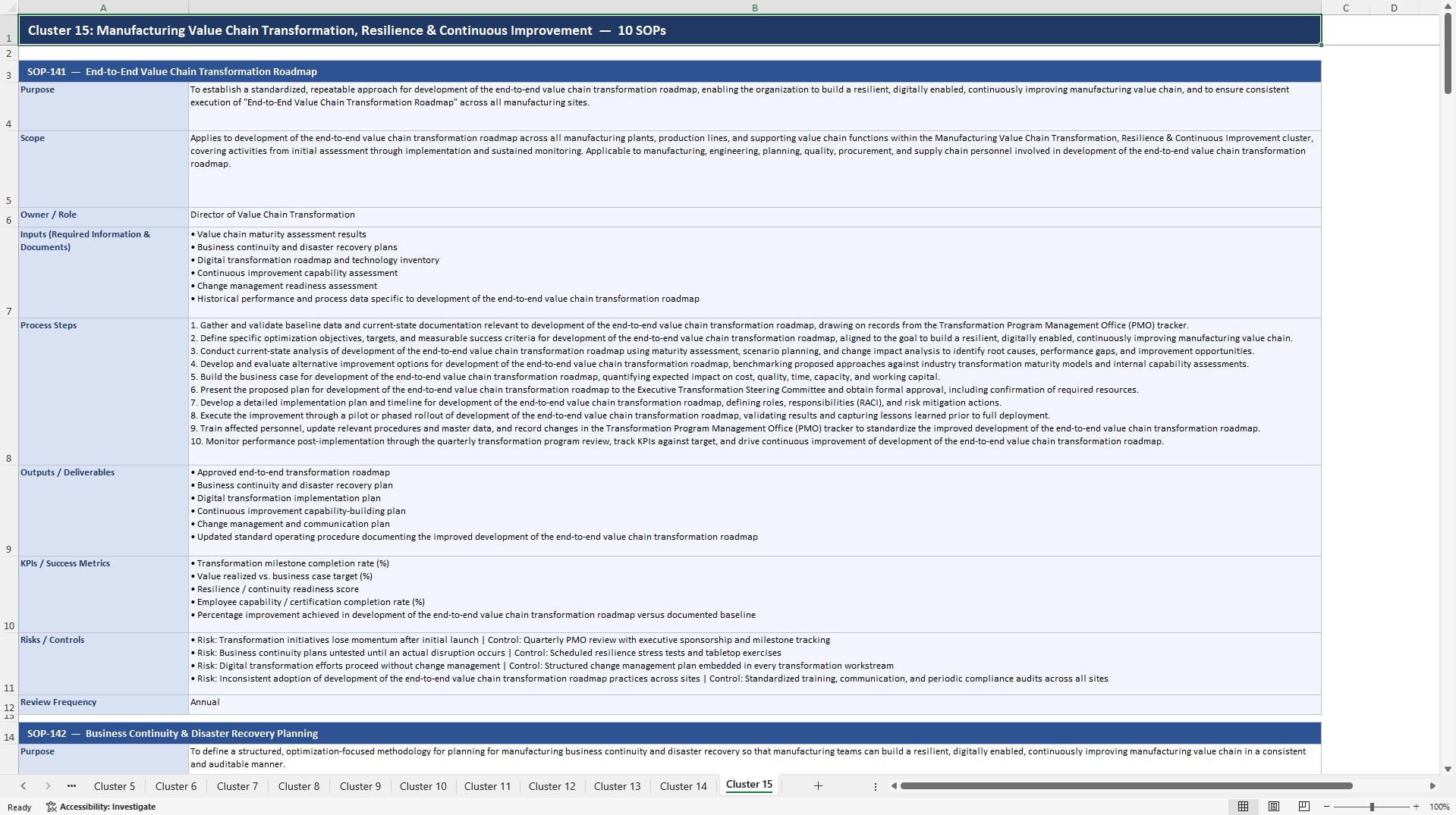100+ Manufacturing Value Chain Optimization SOPs (Excel template (XLSX)) Preview Image