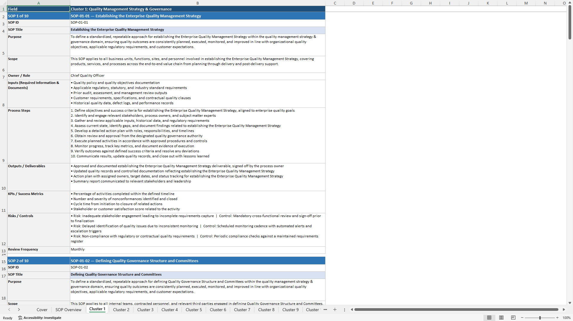 100+ Quality Management Enhancement SOPs (Excel template (XLSX)) Preview Image