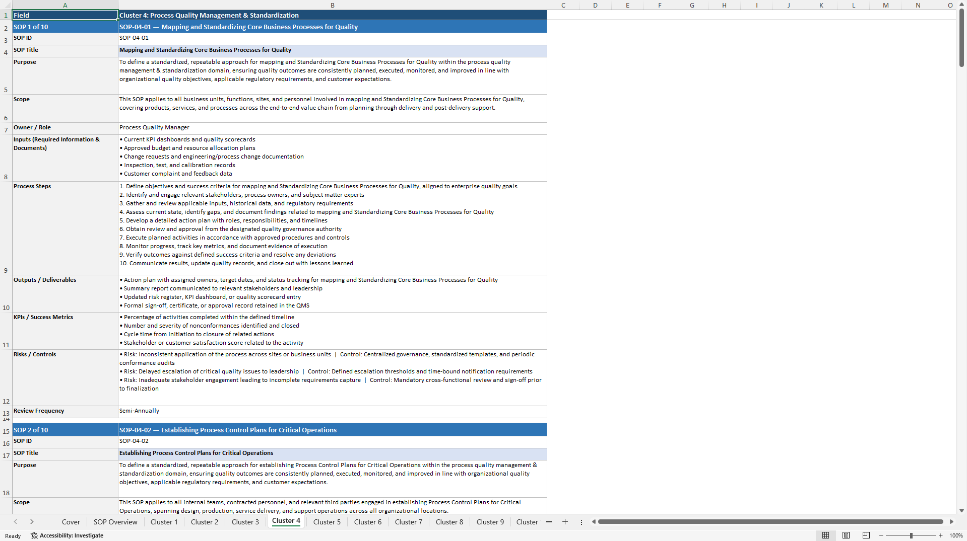 100+ Quality Management Enhancement SOPs (Excel template (XLSX)) Preview Image
