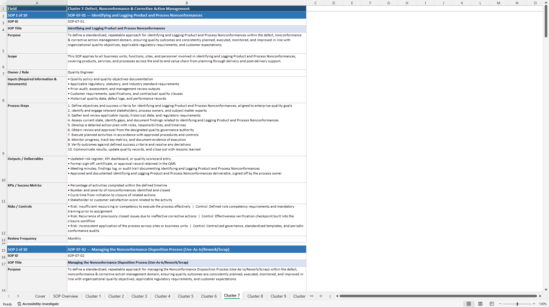 100+ Quality Management Enhancement SOPs (Excel template (XLSX)) Preview Image