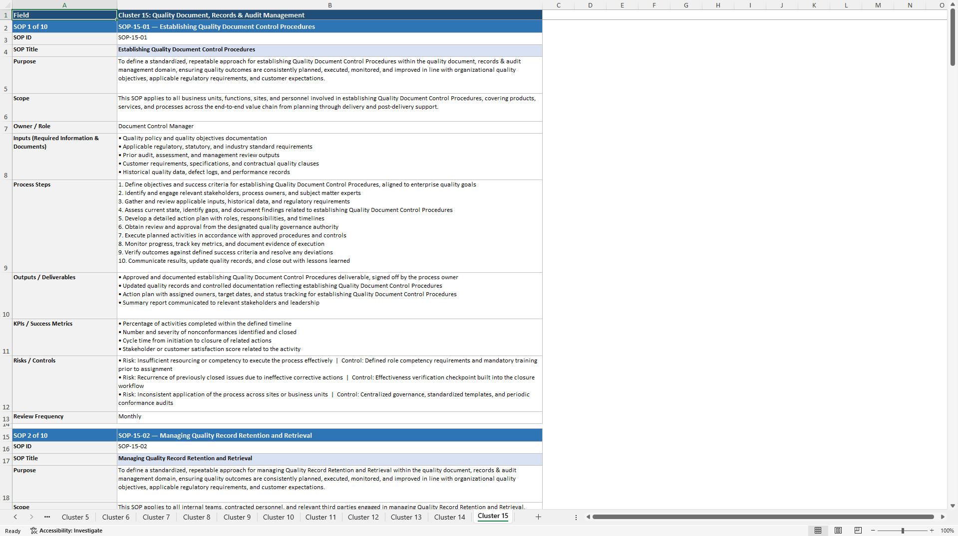 100+ Quality Management Enhancement SOPs (Excel template (XLSX)) Preview Image